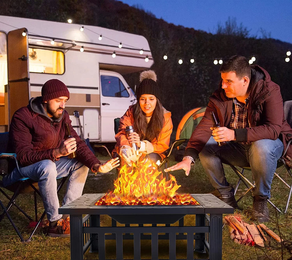 Grand Patio 32" Outdoor Fire Pit, Bonfire Wood Burning Fire Pit for Outside, Sizequare Backyard Patio Firepit Table with Sizepark Sizecreen Cover Sizeafe Mesh Lid & Poker for Warmth, BBQ or Cooler