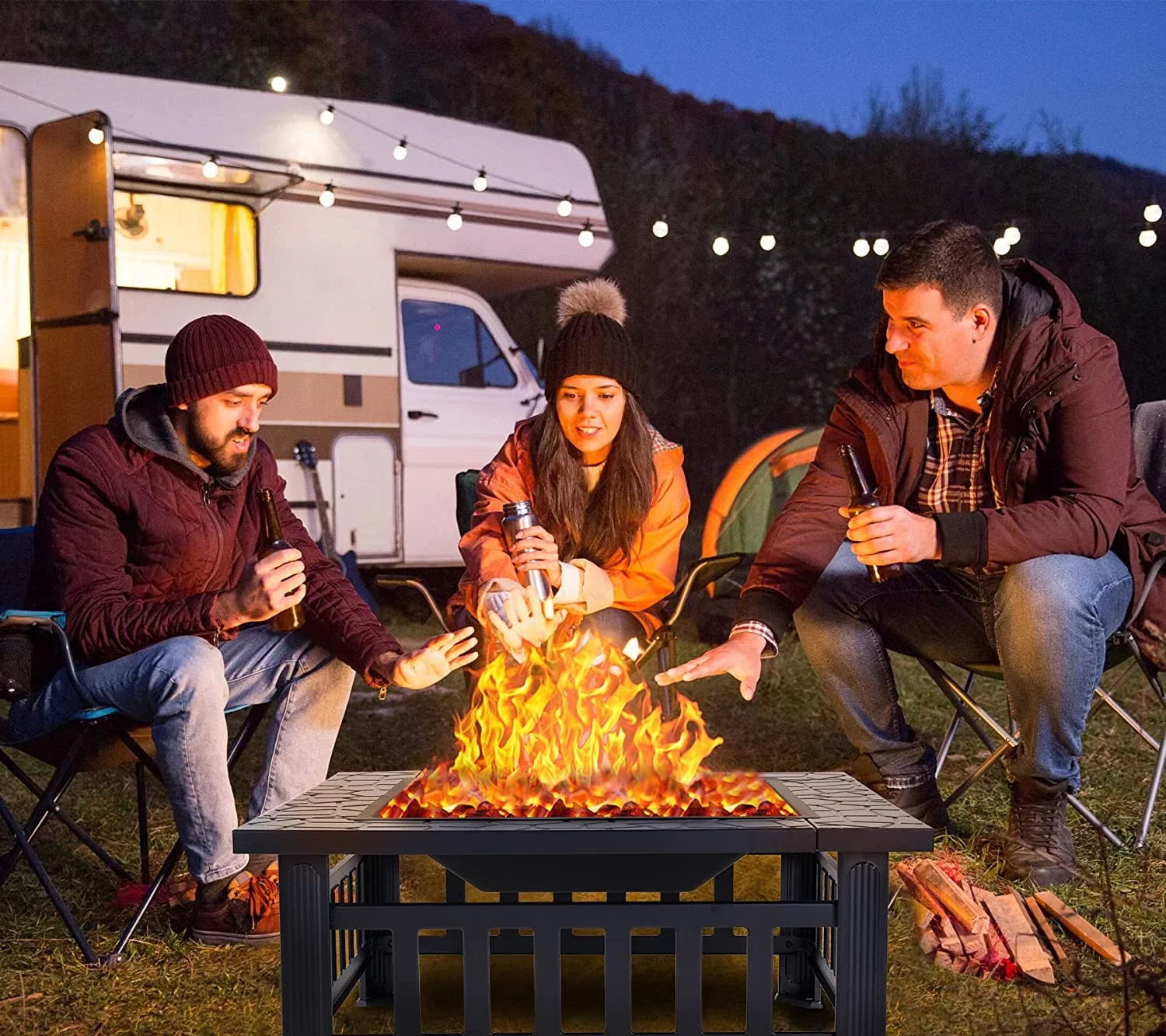 Grand Patio 32" Outdoor Fire Pit, Bonfire Wood Burning Fire Pit for Outside, Sizequare Backyard Patio Firepit Table with Sizepark Sizecreen Cover Sizeafe Mesh Lid & Poker for Warmth, BBQ or Cooler