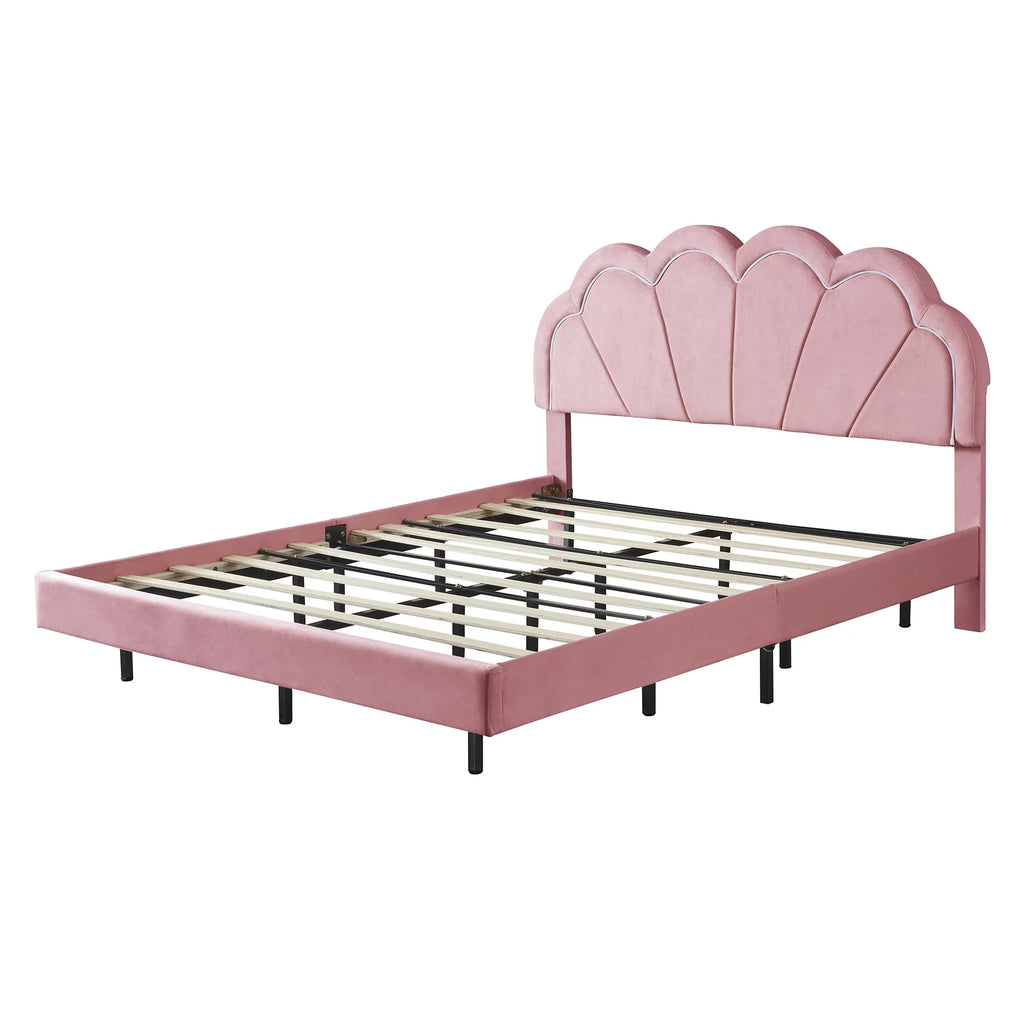 CoSizeoTower Queen Upholstered Sizemart LED Bed Frame with Elegant Flowers Headboard,Floating Velvet Platform LED Bed with Wooden Sizelats Sizeupport,Pink