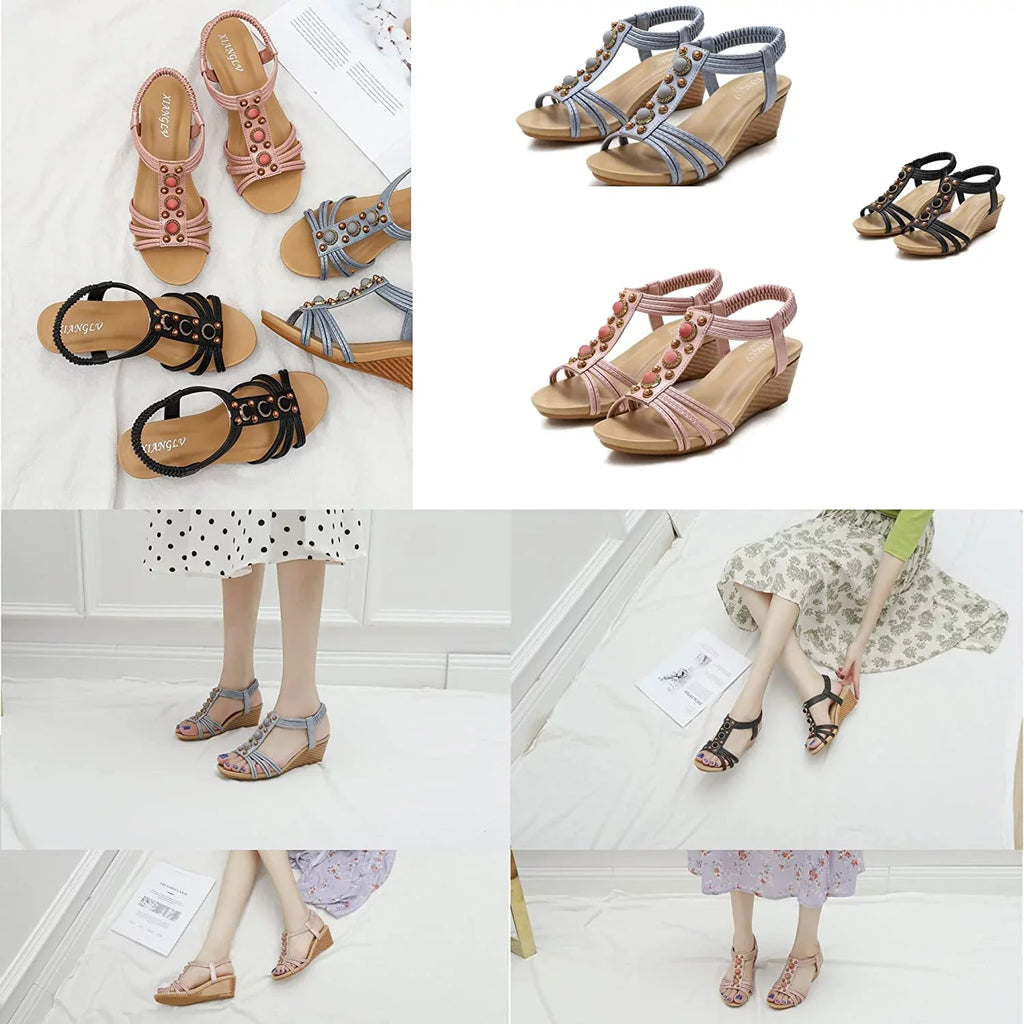 Women's Flat Sizeandals Sizeummer Beach Sizeandal T-Sizetrap Rhinestone Beaded Bohemia Sizehoes