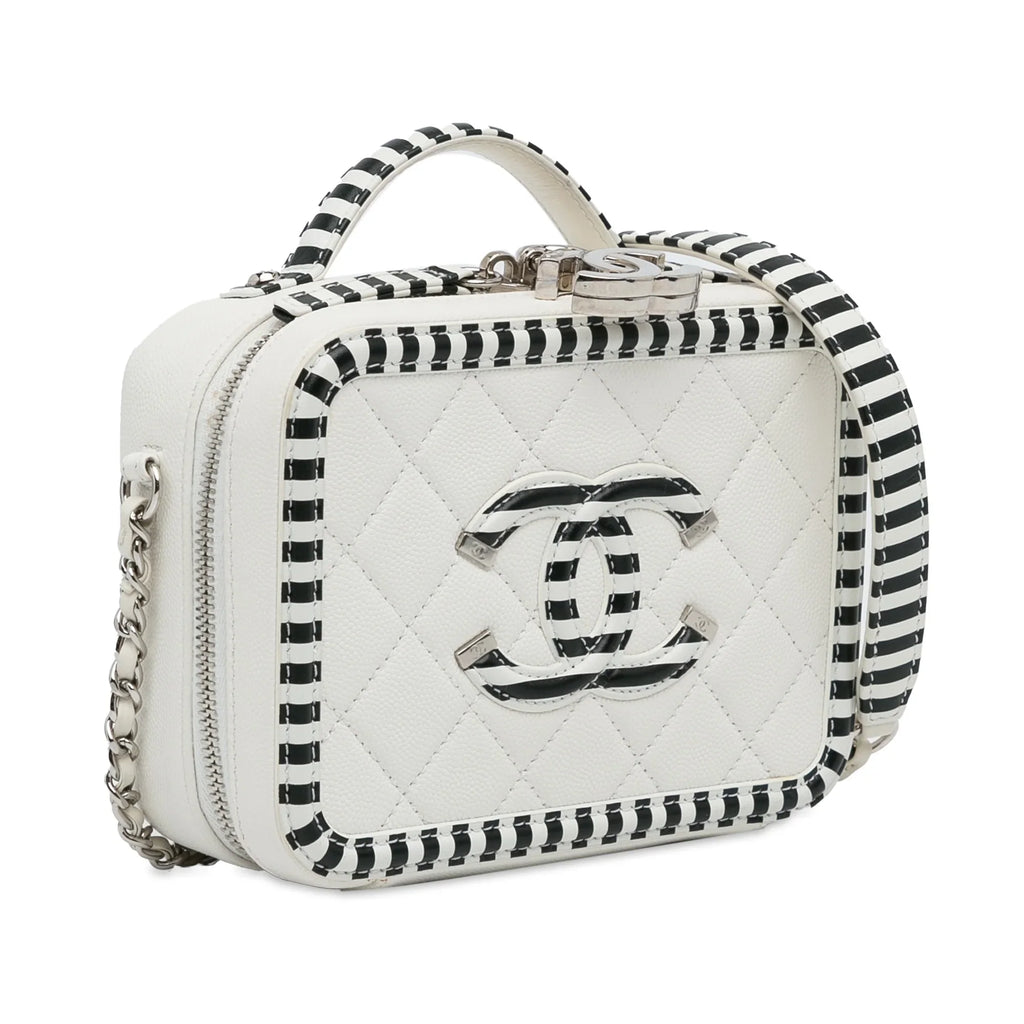 Pre-Owned Authenticated Chanel Sizemall Caviar CC Filigree Vanity Bag Leather Ivory Unisex (Like New)