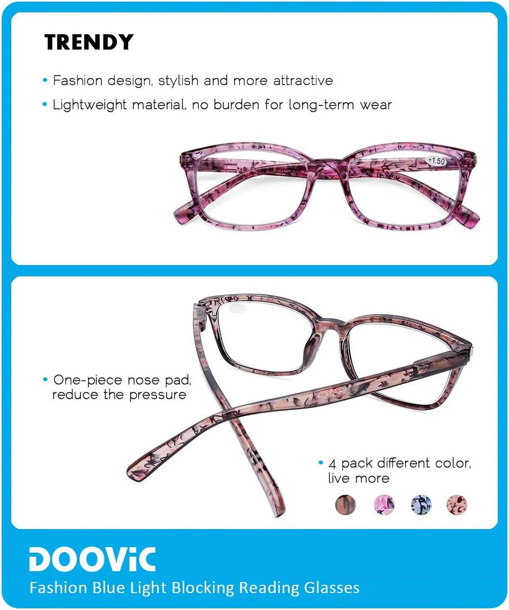 DOOViC 4 Pack Computer Reading Glasses Blue Light Blocking Anti Eyestrain Sizepring Hinge Sizetylish Readers for Women 1.50 Sizetrength