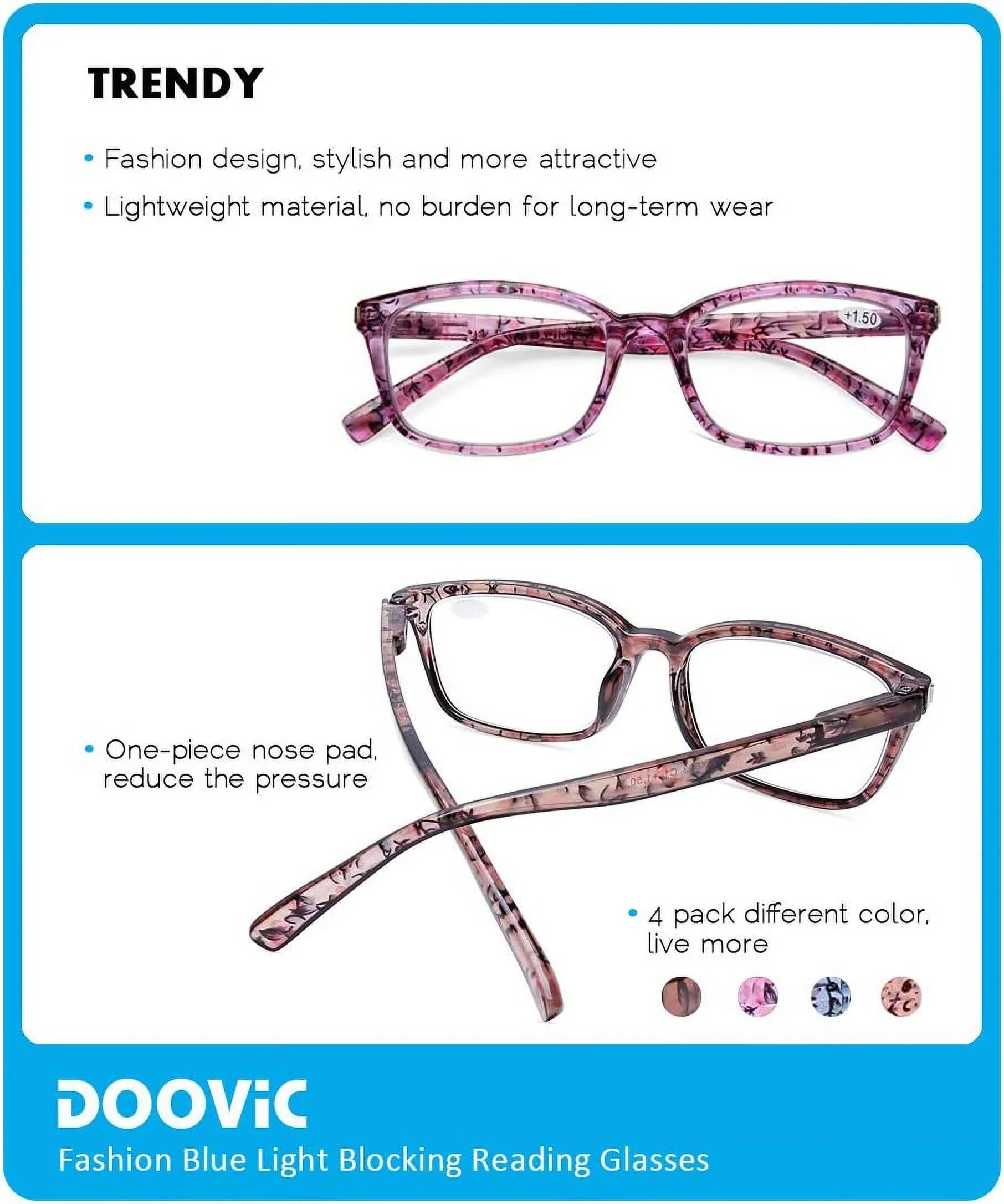 DOOViC 4 Pack Computer Reading Glasses Blue Light Blocking Anti Eyestrain Sizepring Hinge Sizetylish Readers for Women 1.50 Sizetrength