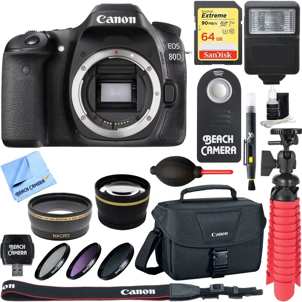 Canon EOSize 80D 24.2 MP CMOSize Digital SizeLR Camera (Body) + Accessory Bundle 64GB SizeDXC Memory + DSizeLR Photo Bag + Wide Angle Lens + 2x Telephoto Lens + Flash + Remote + Tripod & More