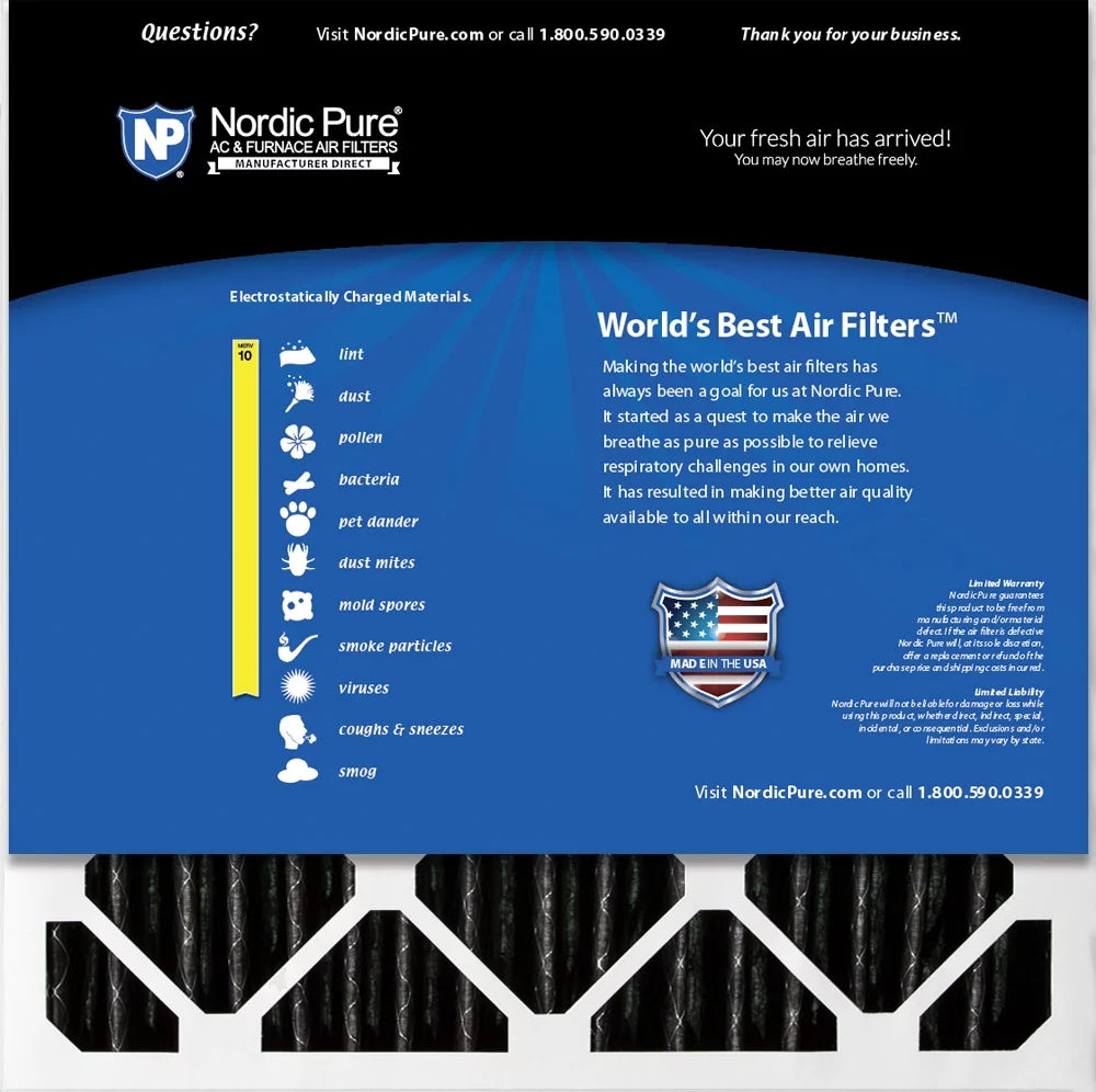 Nordic Pure 20x20x4 (3 5/8) Furnace Air Filters MERV 10 Pleated + Carbon 6 Pack