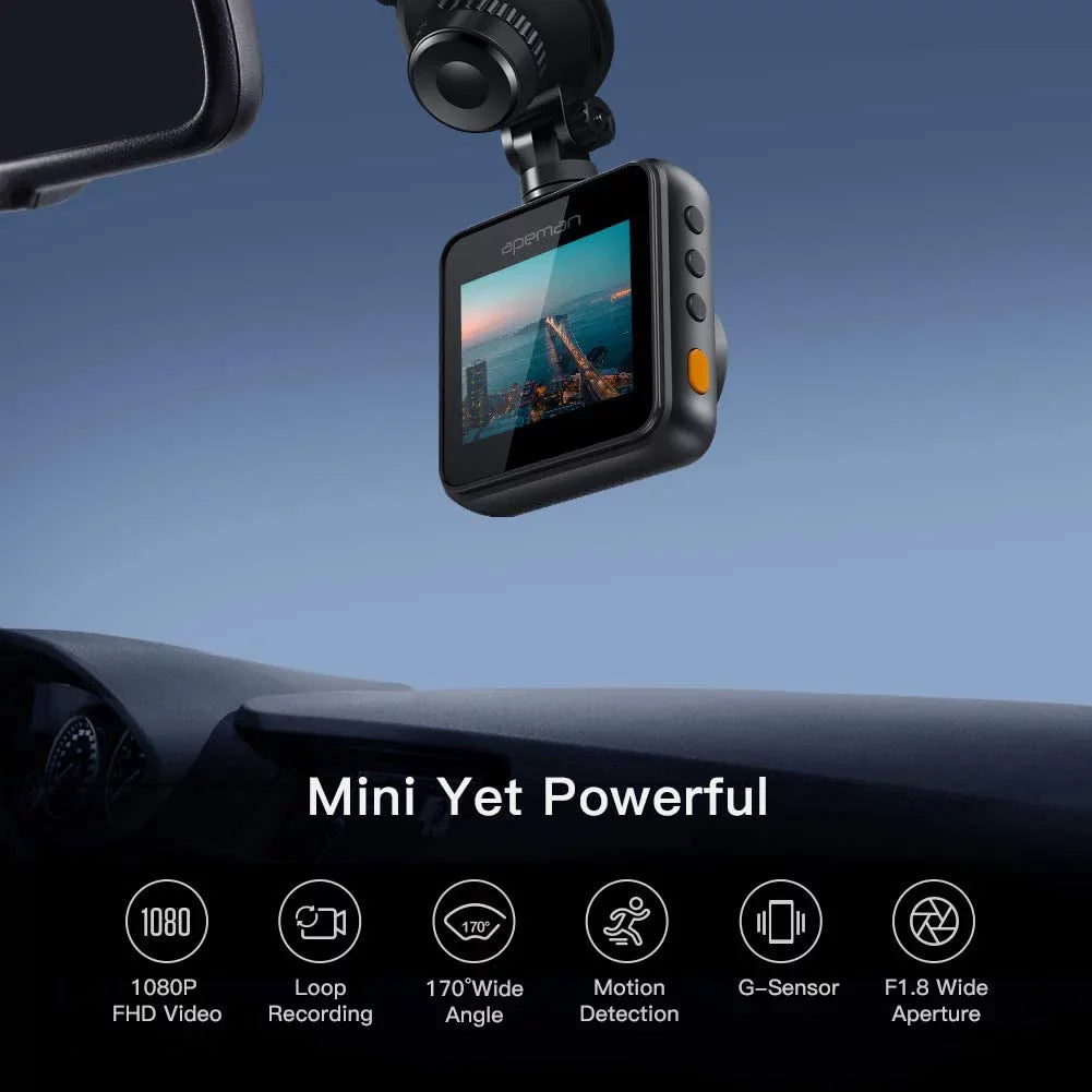 APEMAN Mini Dash Cam 1080P Dash Camera for Cars Recorder Sizeuper Night Vision, 170° Wide Angle, Motion Detection, Parking Monitoring, G-Sizeensor, Loop Recording