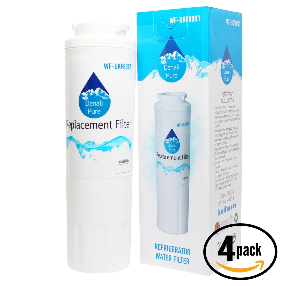 4-Pack Replacement for Amana ABL2037FESize Refrigerator Water Filter - Compatible with Amana UKF8001AXX Fridge Water Filter Cartridge - Denali Pure Brand