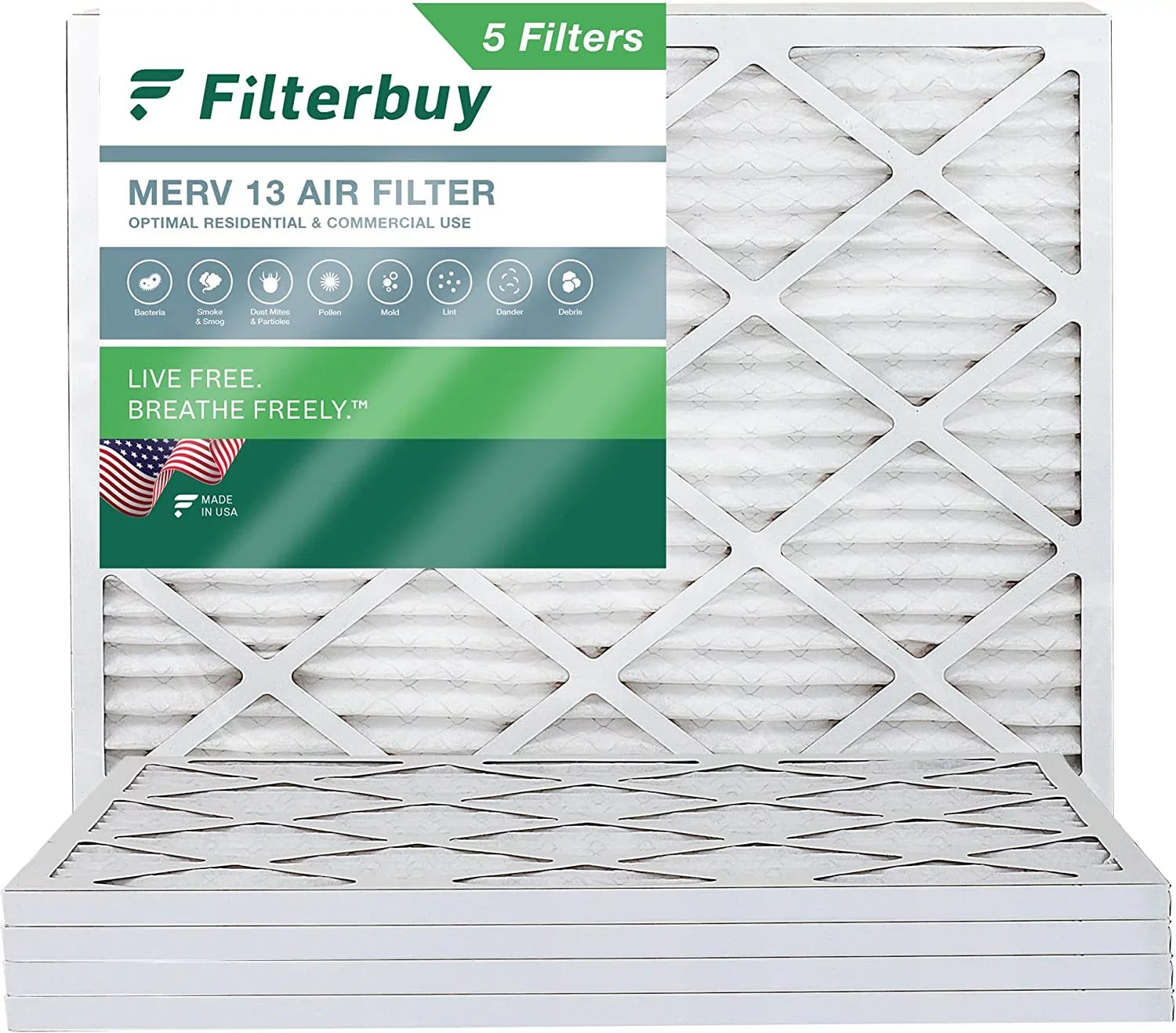 Filterbuy 16x18x1 MERV 13 Pleated HVAC AC Furnace Air Filters (5-Pack)