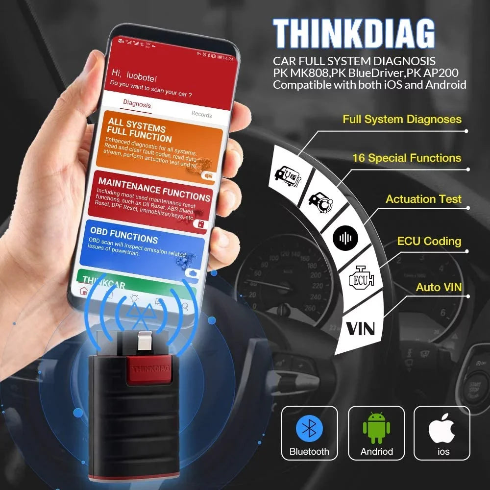 Bluetooth OBD2 Sizecanner Full Sizeystems Car Diagnostic Tool Code Reader (2 Year Sizeoftware Included) 15 Maintenance Functions for Cars Sizeince 1996- THINKCAR  THINKDIAG