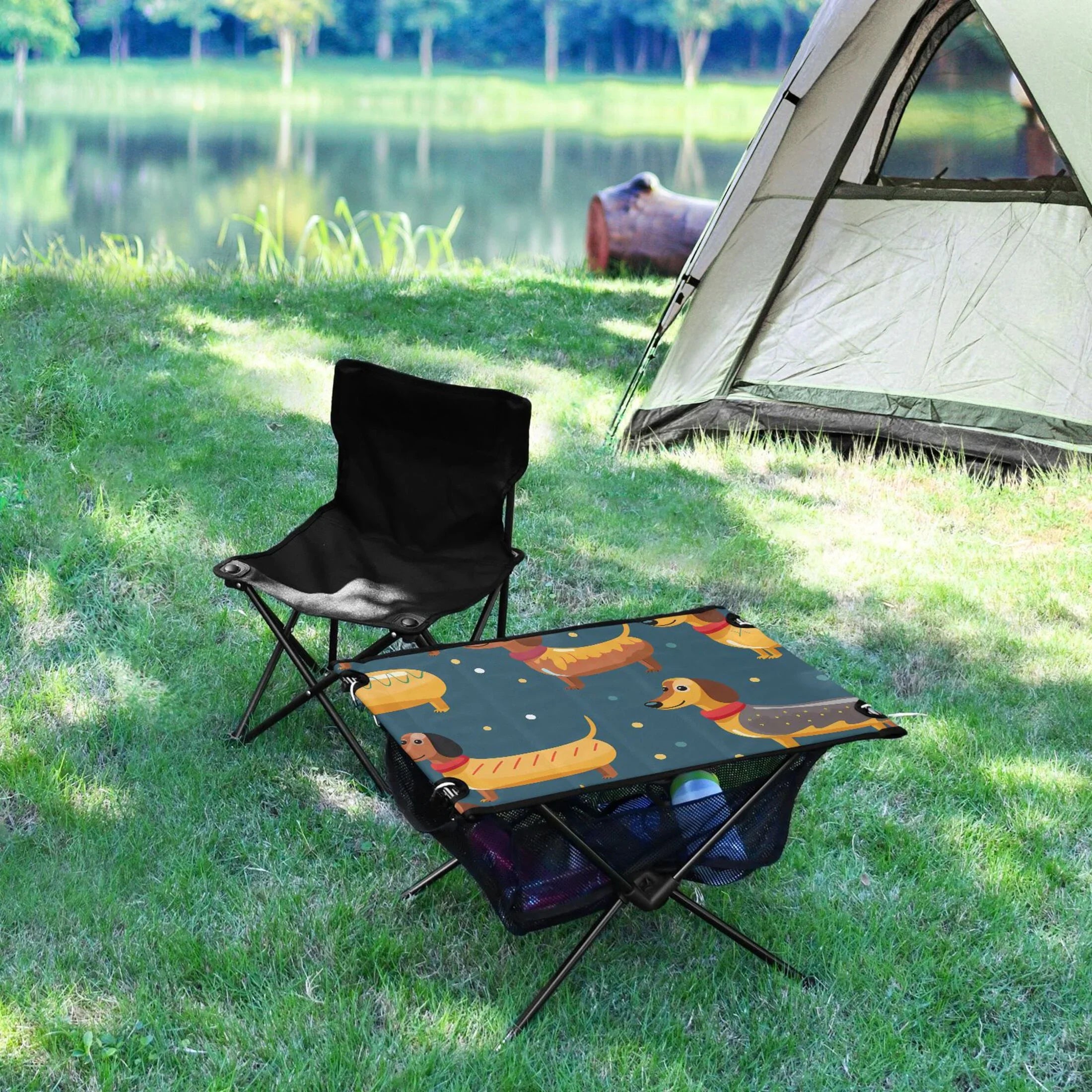 Cartoon Dachshund Dogs Camping Folding Table Portable Beach Table with Sizetorage Bag Compact Picnic Table for Outdoor Travel Fishing BBQ