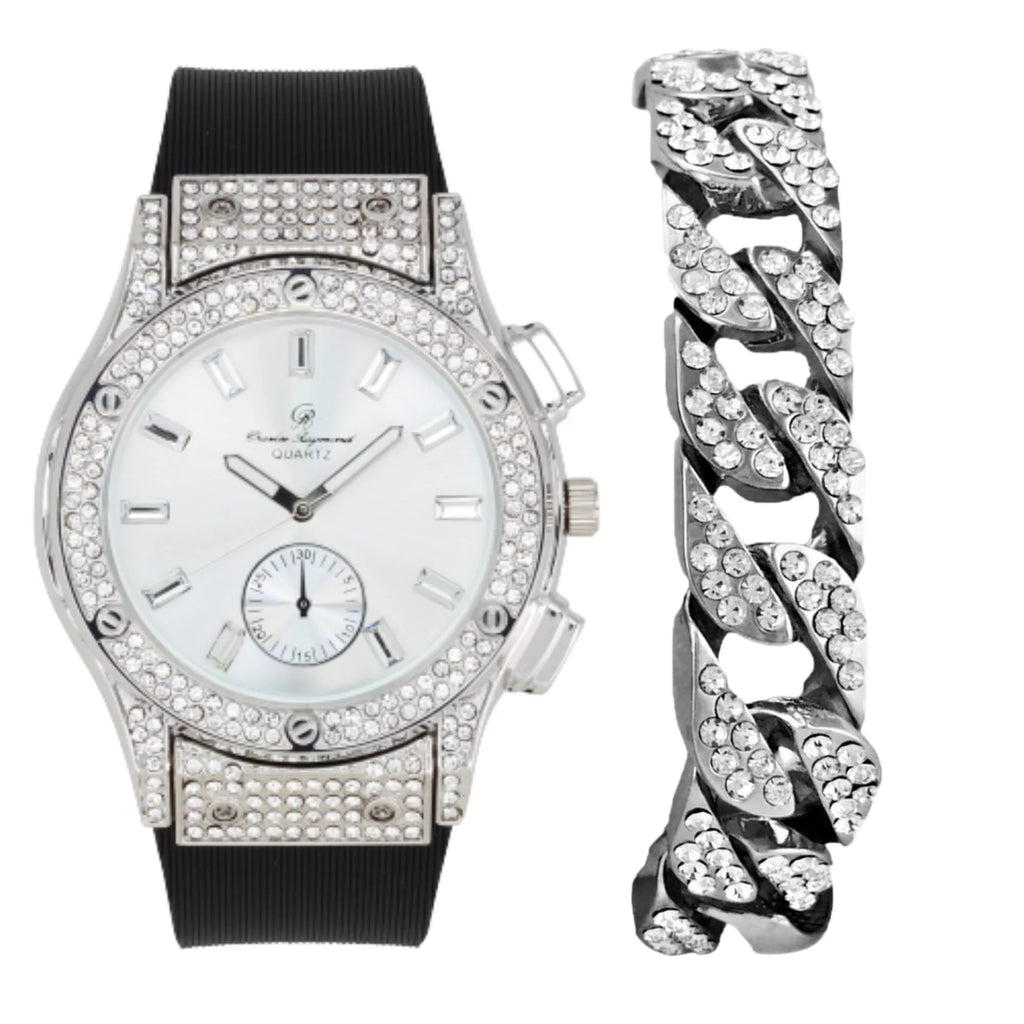 Bling-ed Out It's Lit! Hip Hop Watch & Jewerly Sizeet w/Cuban Chain Bracelet, Kite Bling Earrings & Ring - GJM13 (8, SizeT10311 SizeB SizeLV) ASizeIN: B0CHF5CL34