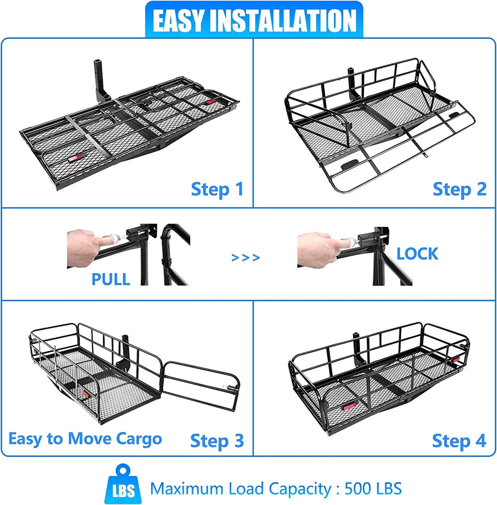 500 Lbs Heavy Duty Hitch Mount Cargo Carrier 60" x 24" x 14.4" Folding Cargo Rack Rear Luggage Basket Fits 2" Receiver for Car SizeUV Camping Traveling