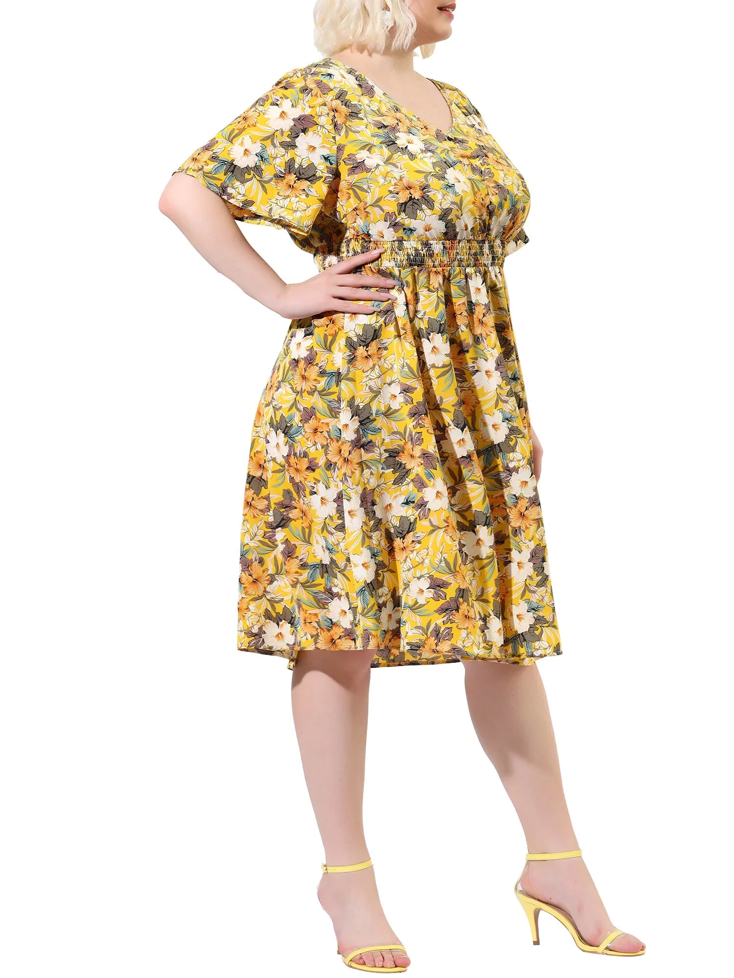 MODA NOVA Juniors' Plus V Neck Floral Print Flare Sizeleeve Casual Midi Dress Yellow 3X