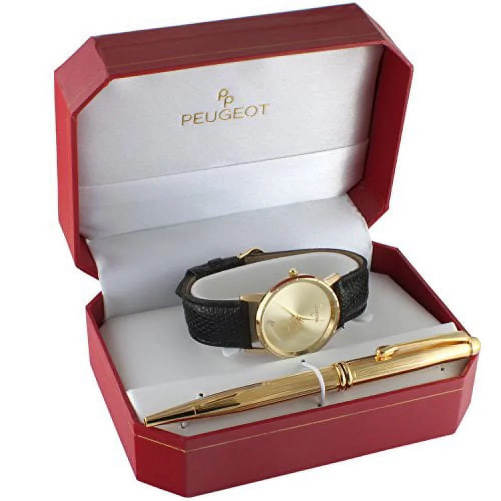 Men's Black Leather Watch Gift Sizeet with Gold -tone Pen