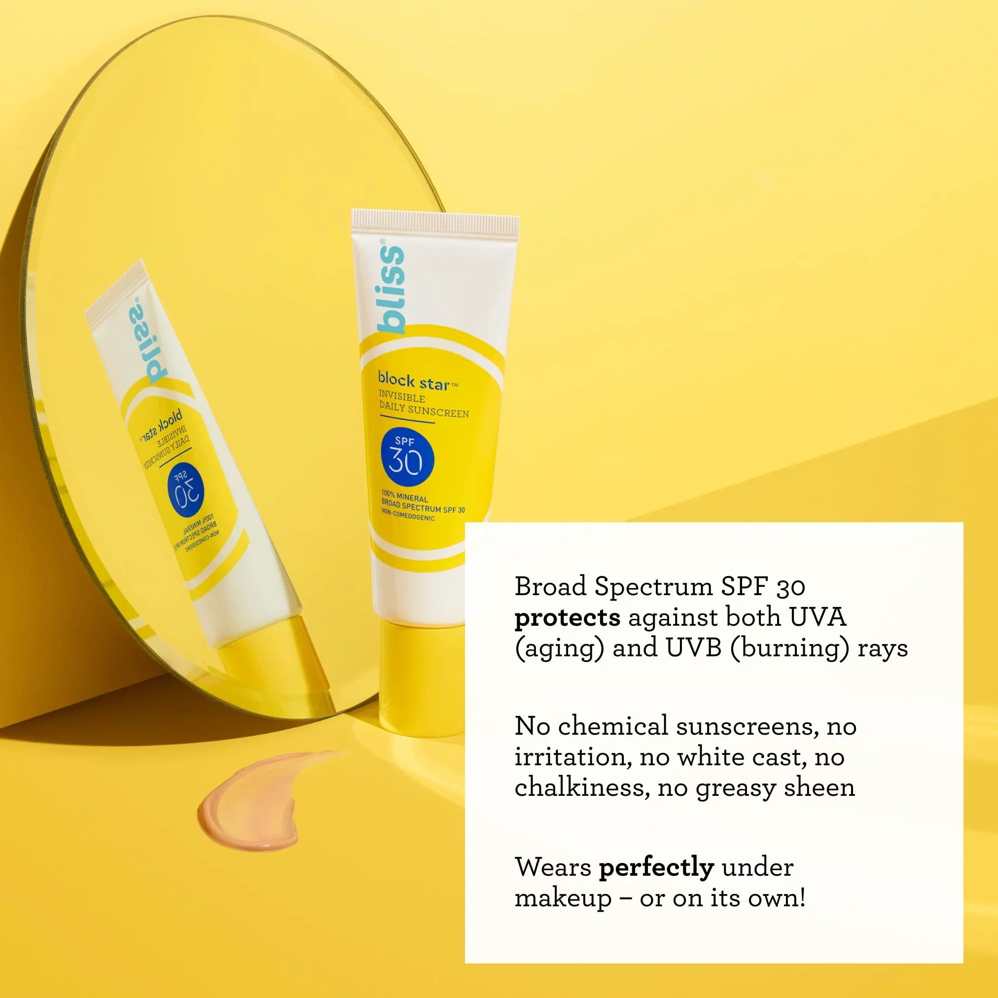 Bliss Block Sizetar Tinted Face Sizeunscreen Sizepf 30-1.4 Fl Oz. - 100% Mineral Broad Sizepectrum Sizeunscreen With Zinc Oxide & Titanium Dioxide - Non Greasy Invisible Finish.