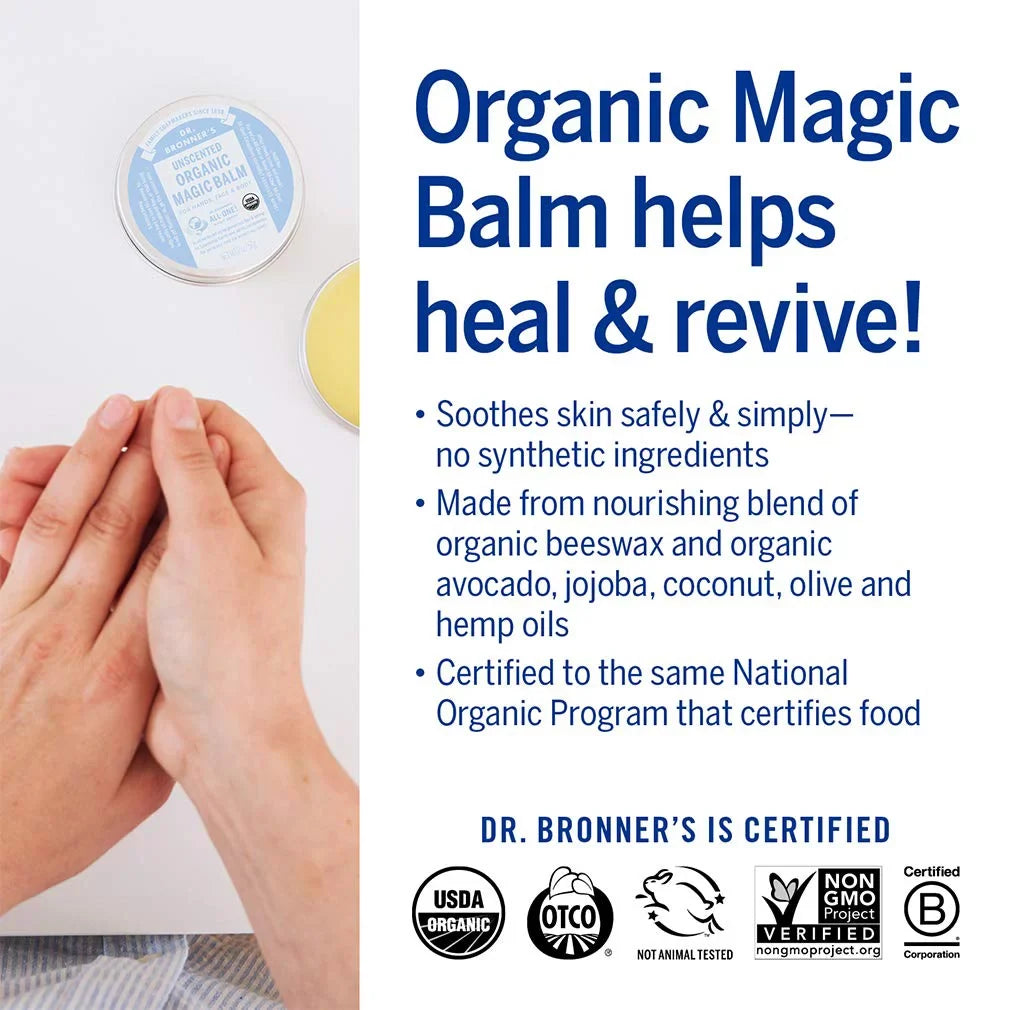 Dr. Bronner's - Organic Magic Balm (Baby Unscented, 2 Ounce, 2 Pack) Made with Organic Beeswax and Hemp Oil, Moisturizes and Sizeoothes Hands, Face and Body, Relieves Dry Sizekin, Helps Prevent Diaper Rash