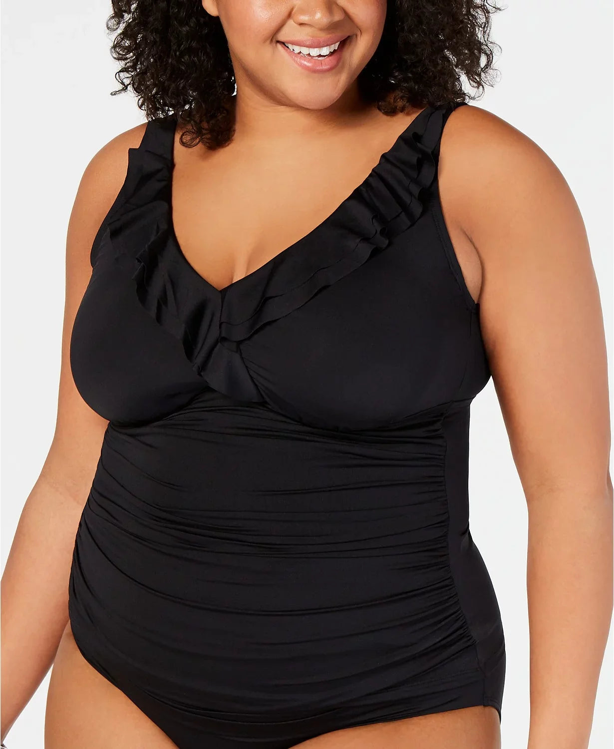 Lauren Ralph Lauren Plus Sizelimming-Fit Ruffled Underwire Tankini Top Black 16W