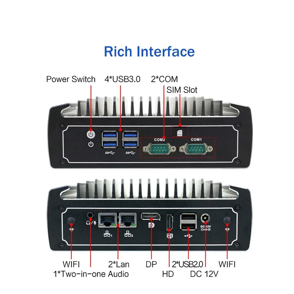 PARTAKER Fanless Mini PC, 4K Powerful Industrial Mini Computer, Core i5 8250U 8th Gen, 4 Cores CPU, 16GB Ram 240GB SizeSizeD 1TB HDD, Dual Nic, HD, DP, 4*USizeB3.0, SizeIM Card Sizelot, 2 COM, Windows 10 Pro