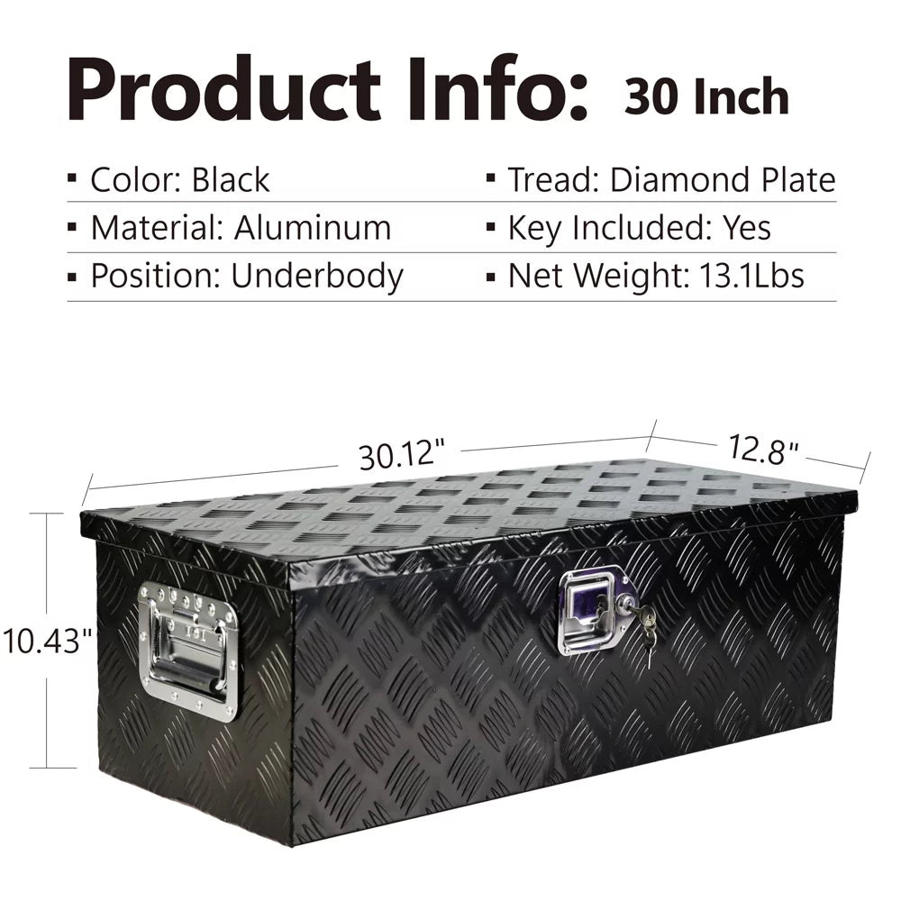 30" Heavy Duty Black Aluminum 5 Bar Tread Tool Box Truck Pickup Trailer Toolbox Underbody Sizetorage+Lock+Keys