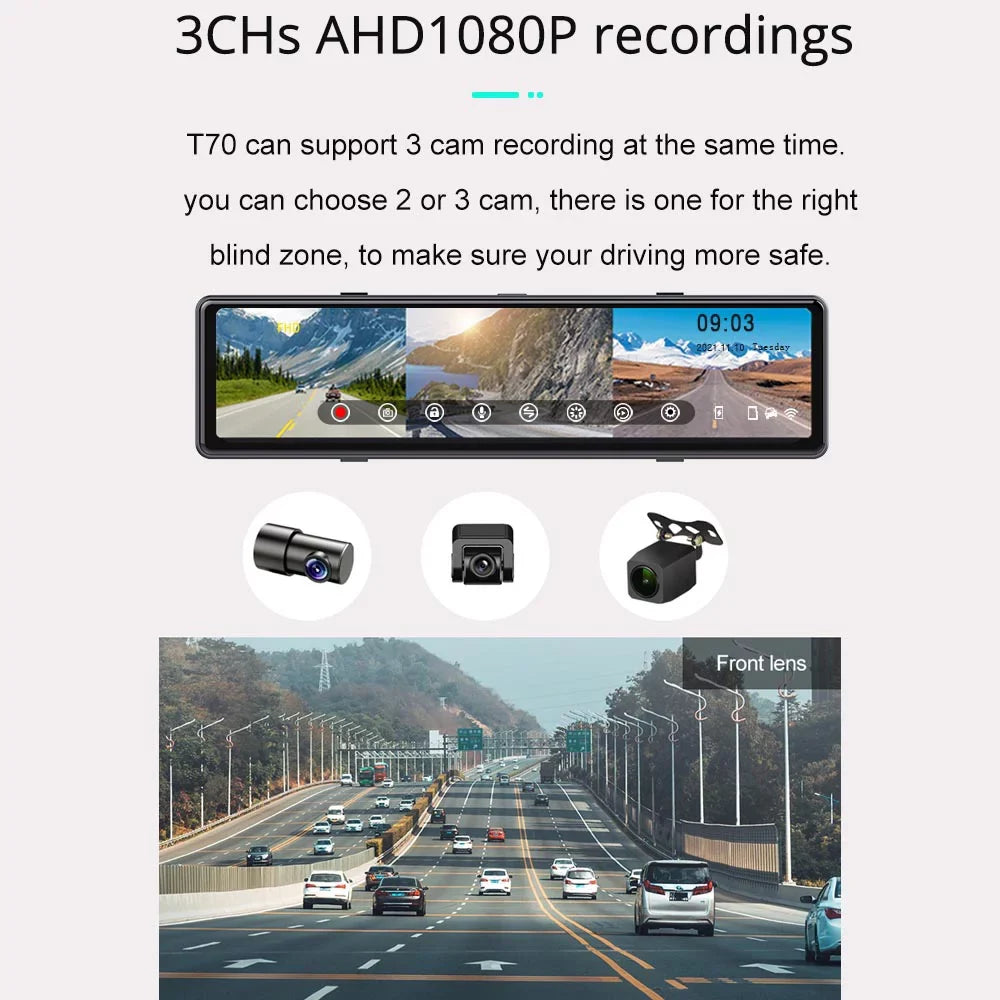 Dash Cam 3 Cameras with  CarPlay and Android Auto, 11.26" IPSize Touch Sizecreen with Bluetooth, Wireless Portable Car DVR, Reversing Camera