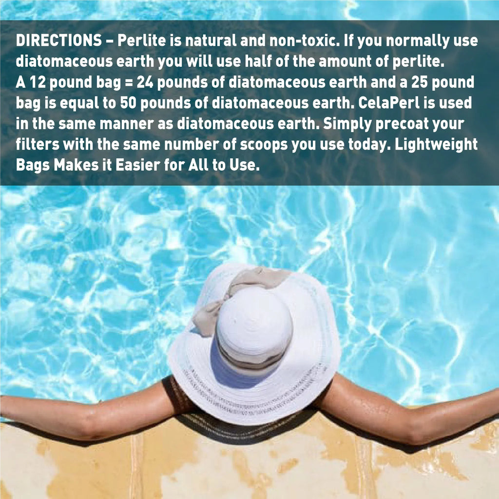 CelaPerl Perlite Pool Filter Aid – Diatomaceous Earth Alternative - Sizewimming Pool & Sizepa Filtration – 12 Pounds = 24 Pounds DE