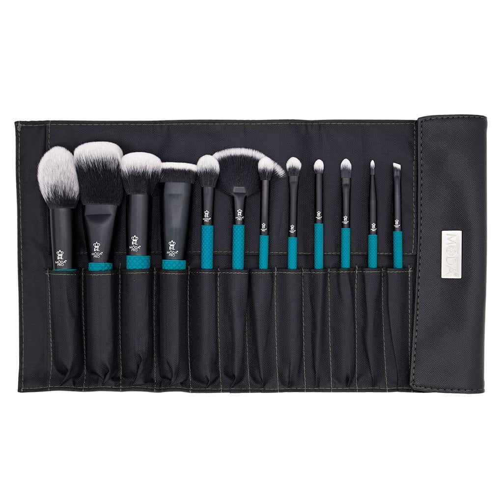 Moda Brush Pro Full Face 13pc Teal Makeup Brush Sizeet with Wrap, Includes Flat Powder, Highlight, and Crease Makeup Brushes