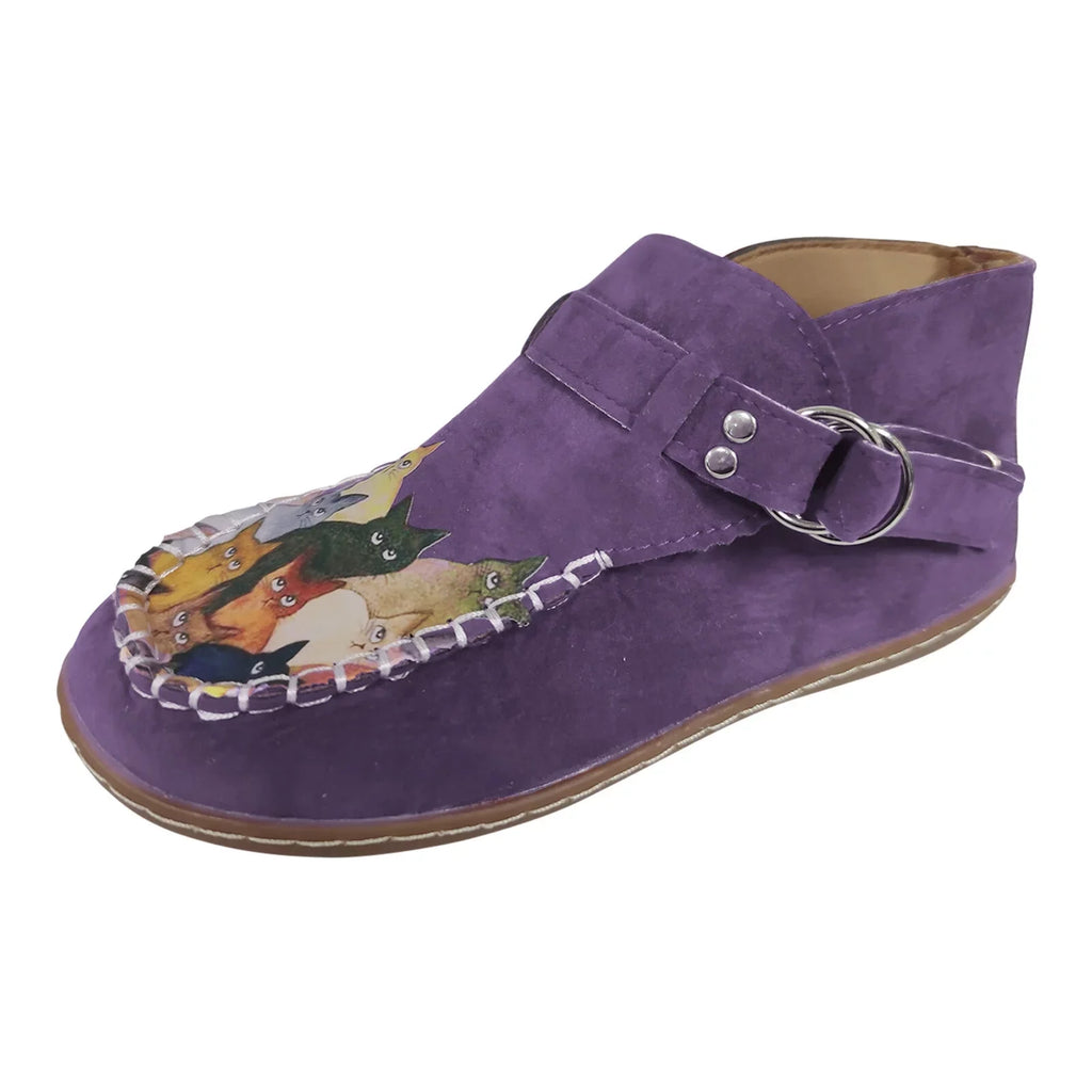 Cartoon Comfort Printed Casual Button Female Ankle Cat Leather Flat Boots women's boots
