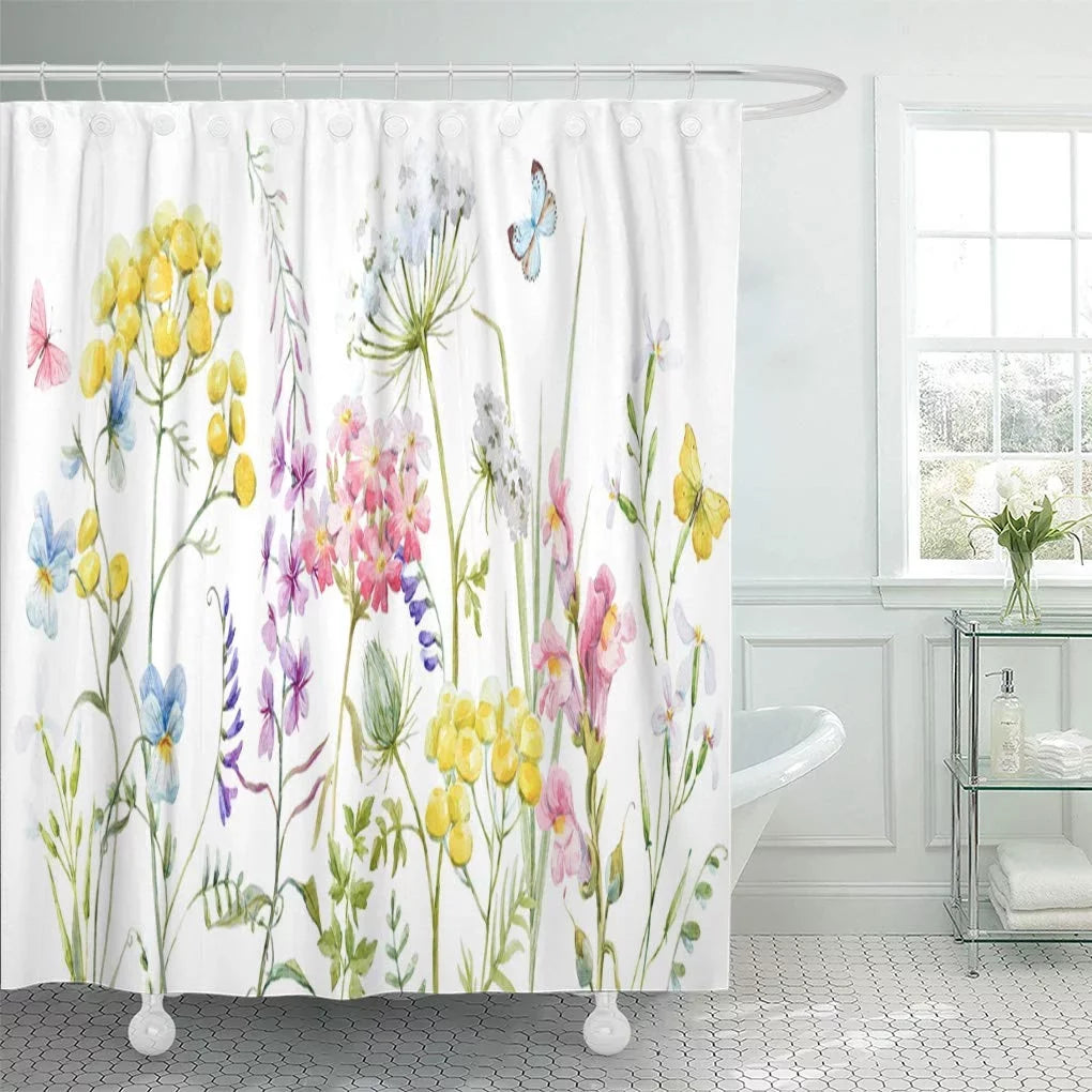 SizeUTTOM Watercolor Wildflowers Tansy Yellow Buttercup Blue Pansies Tender Pink Sizehower Curtain 66x72 inch