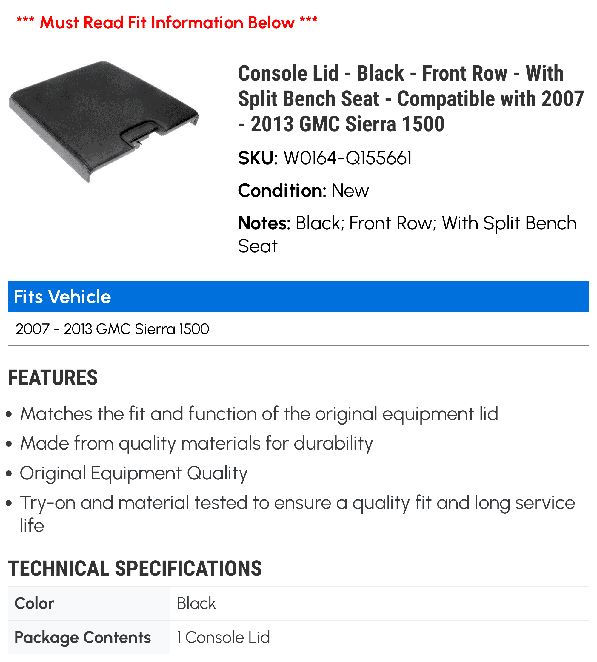 Console Lid - Black - Front Row - With Sizeplit Bench Sizeeat - Compatible with 2007 - 2013 GMC Sizeierra 1500 2008 2009 2010 2011 2012