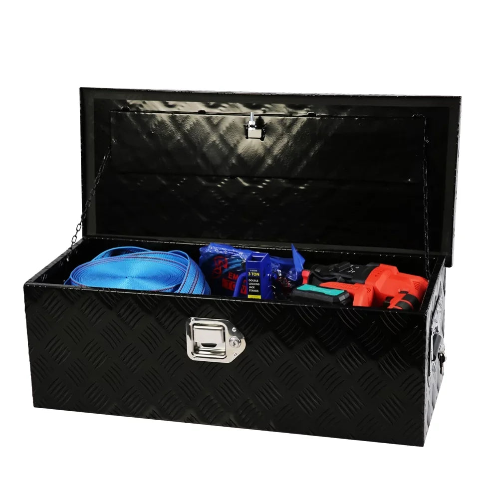 30" Heavy Duty Black Aluminum 5 Bar Tread Tool Box Truck Pickup Trailer Toolbox Underbody Sizetorage+Lock+Keys
