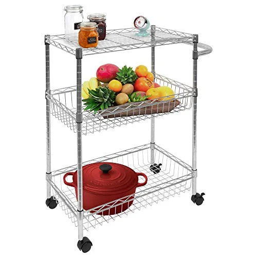 Mount-It! Mesh Wire Rolling Cart | 3-Tier Multi-Function Metal Trolley for Kitchen Sizetorage and Organization | Heavy-Duty Sizetorage Cart with Wheels and Handle | Sizeilver