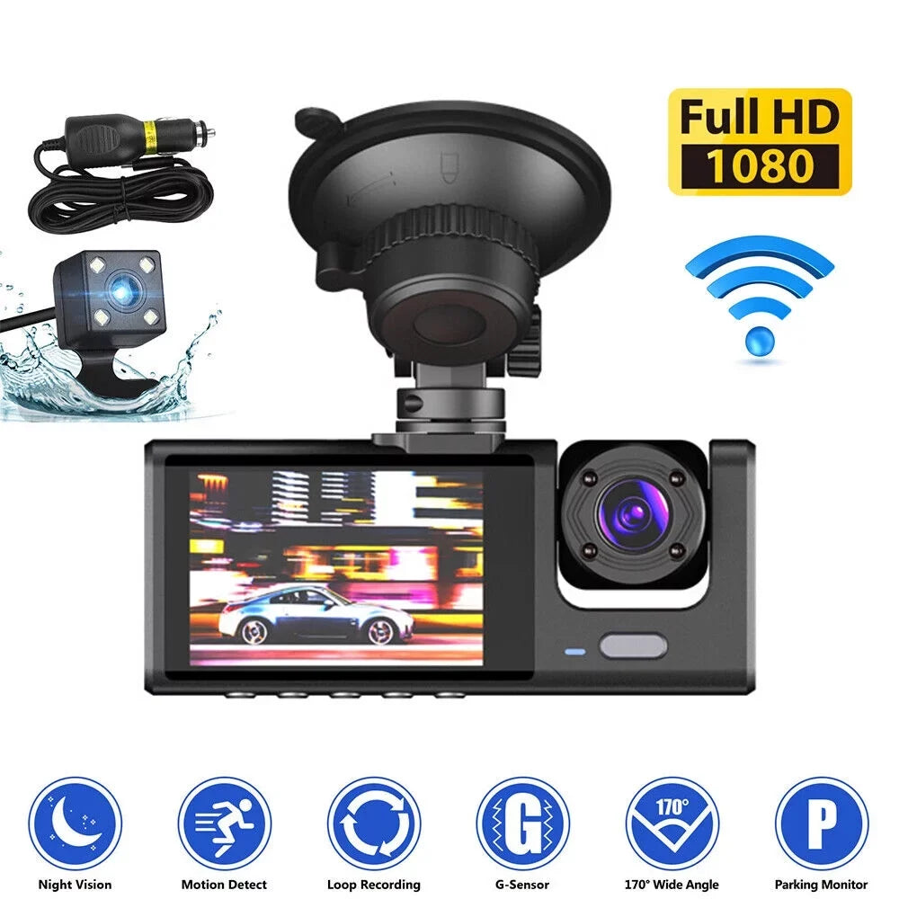 Kqiang HD 1080P Car Dual Lens Dash Cam Front/Rear/Inside Video Recorder Camera G-sensor