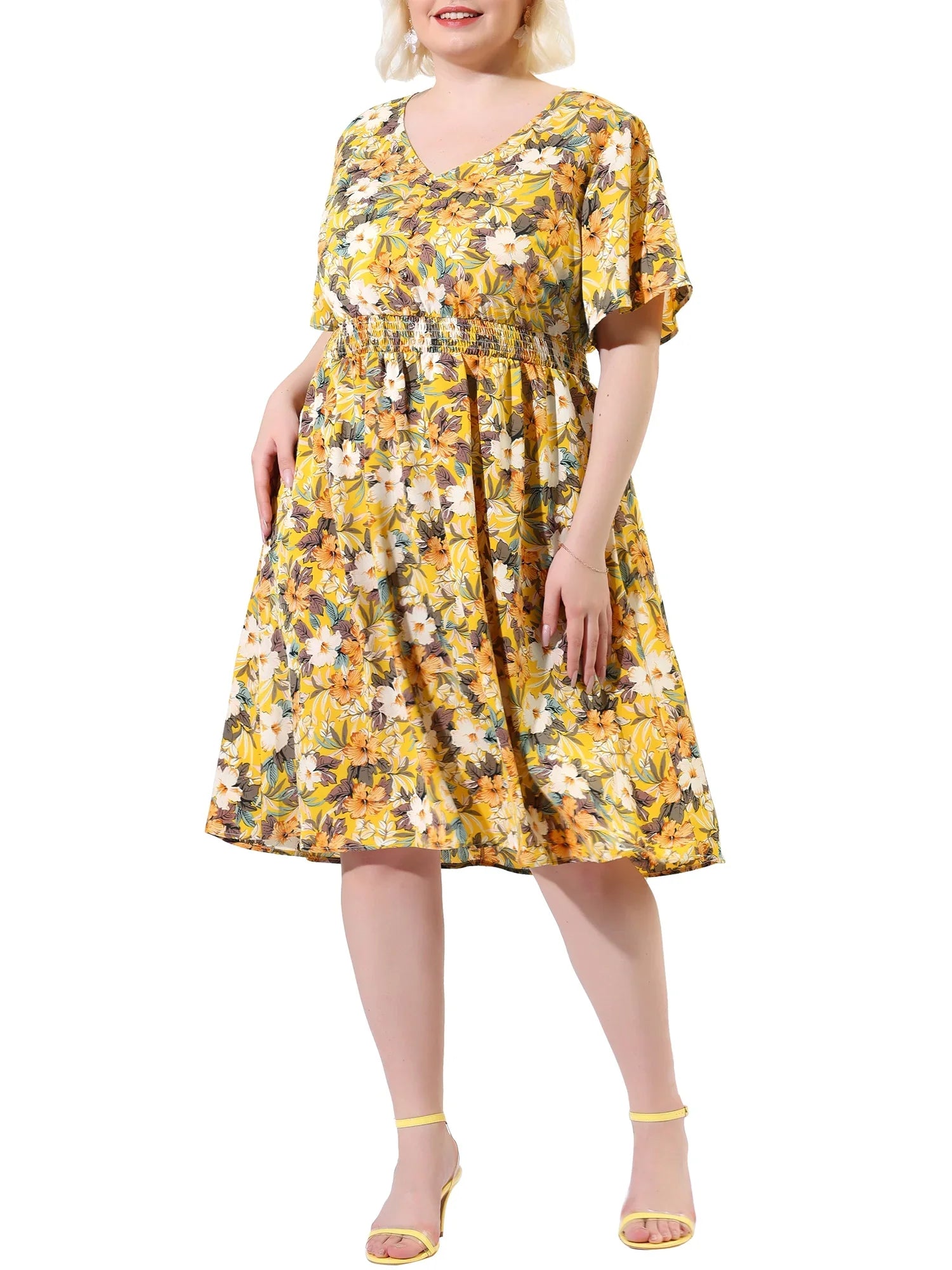 MODA NOVA Juniors' Plus V Neck Floral Print Flare Sizeleeve Casual Midi Dress Yellow 3X