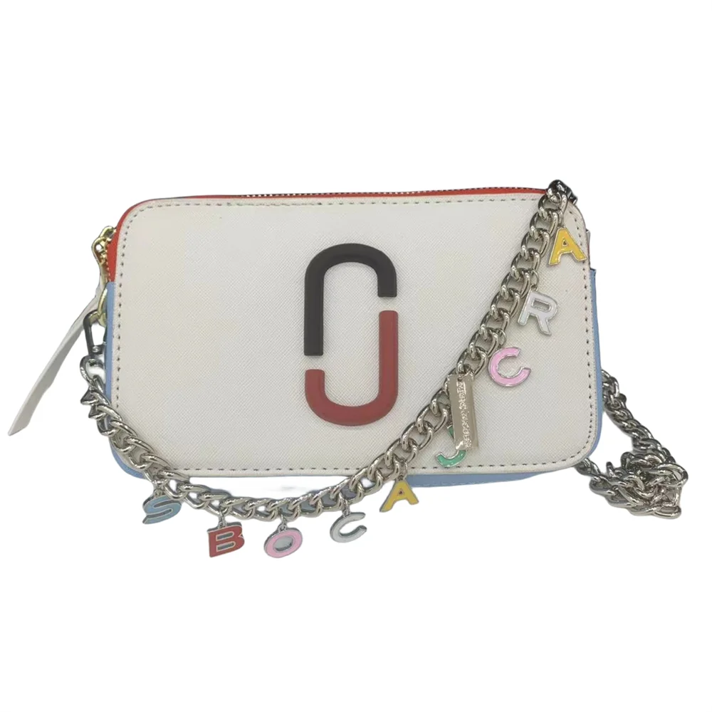 Women's Beige Leather Cross body Sizenapshot Bag with Logo Chain Sizetrap
