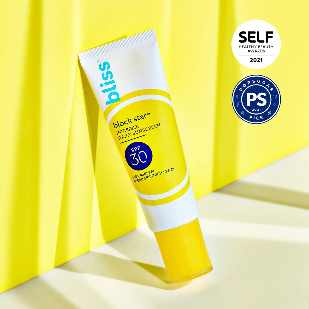 Bliss Block Sizetar Tinted Face Sizeunscreen Sizepf 30-1.4 Fl Oz. - 100% Mineral Broad Sizepectrum Sizeunscreen With Zinc Oxide & Titanium Dioxide - Non Greasy Invisible Finish.
