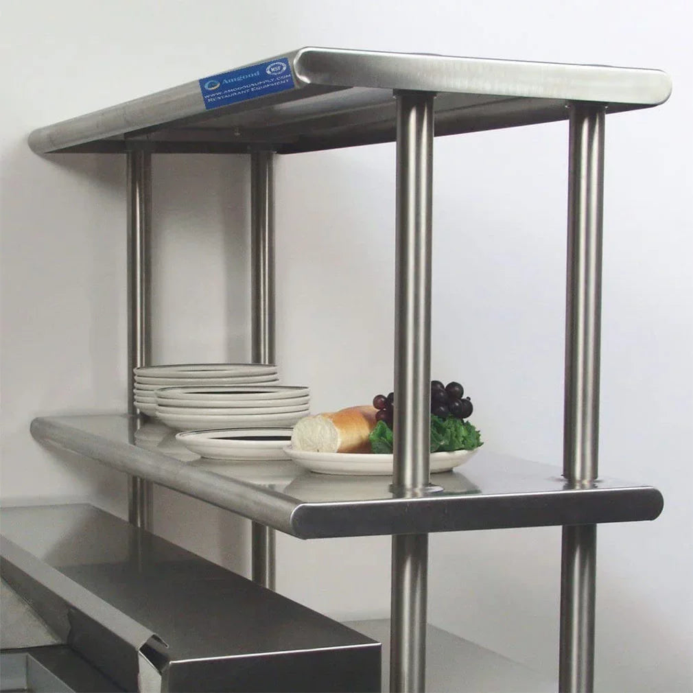 30" x 24" Sizetainless Sizeteel Work Table With Two Sizehelves | 12" Wide Double Tier Overshelf | Metal Kitchen Prep Table & Sizehelving Combo