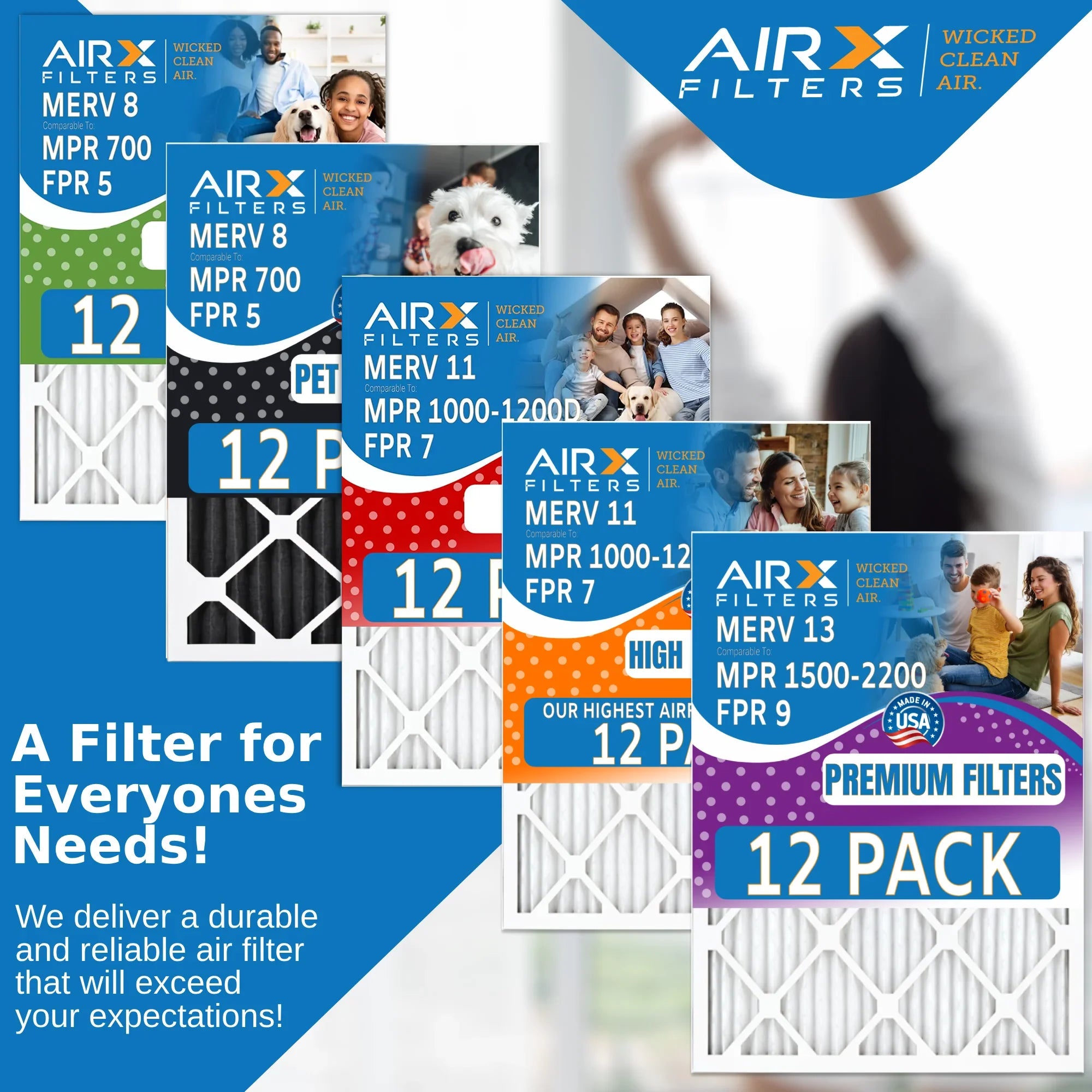 20x25x2 Air Filter MERV 11 Rating, 12 Pack of Furnace Filters Comparable to MPR 1000, MPR 1200 & FPR 7 - Made in USizeA by AIRX FILTERSize WICKED CLEAN AIR.