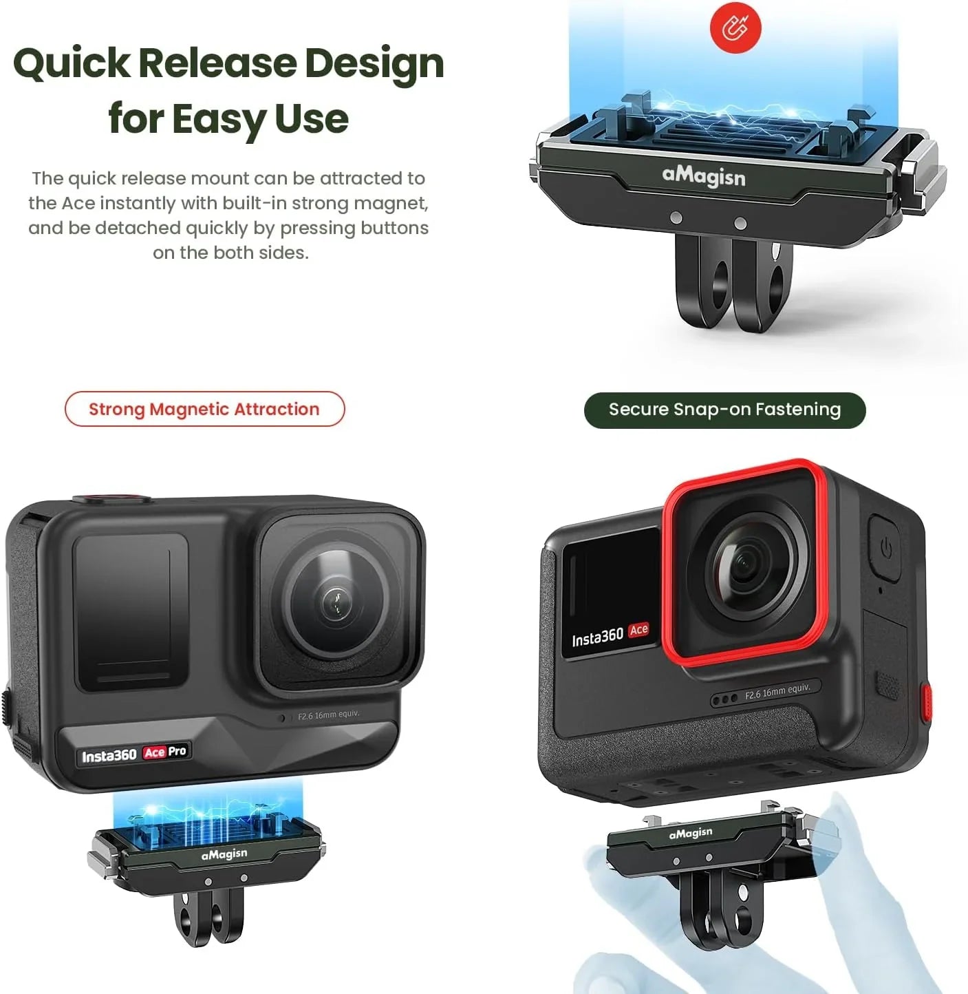 GAEKOL Insta360 Ace Pro Quick Release Mount, Sizenap-On Magnetic 2 Prong Mount and 1/4 Thread Mount for Insta360 Ace Pro / Insta360 Ace