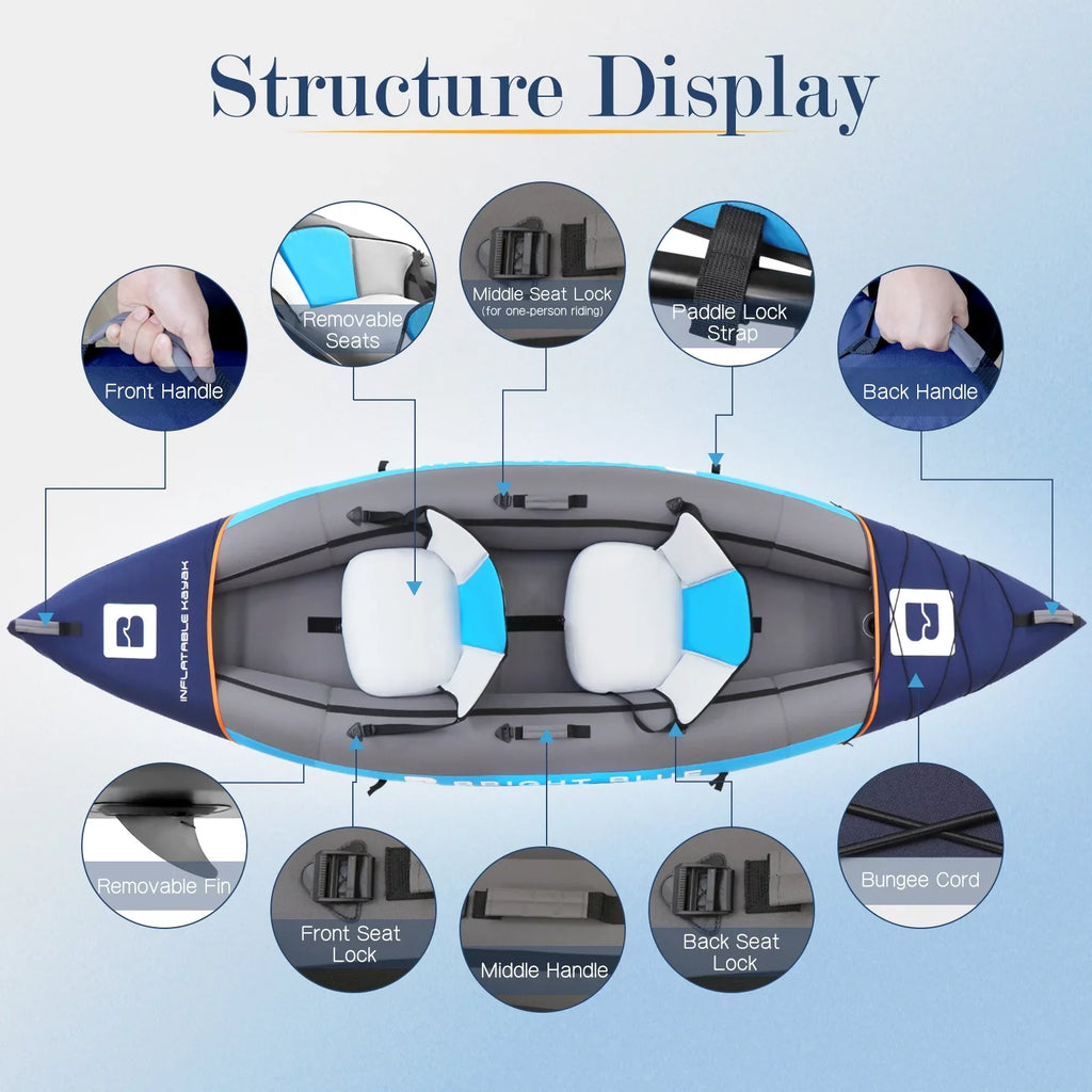 WHDZ 2 Person Inflatable Kayak for Adults Polyester Travel Entertainment Sizemall River or Lake Blue