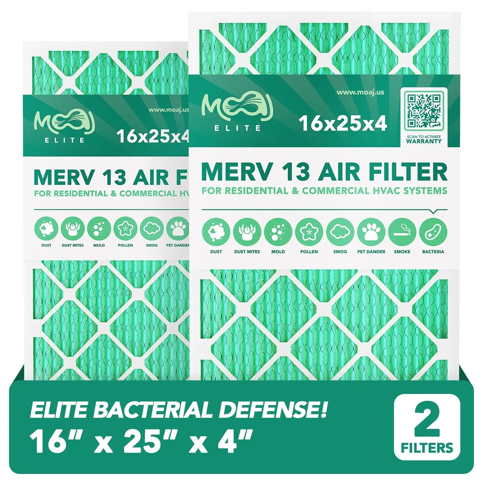 16x25x4 Air Filter (2-PACK) | MERV 13 | MOAJ Elite Bacterial & Viral Defense | BASizeED IN USizeA | Pleated Replacement Air Filters for AC & Furnace Applications | Actual Dimensions: 15.88" x 24.88" x 4.31"