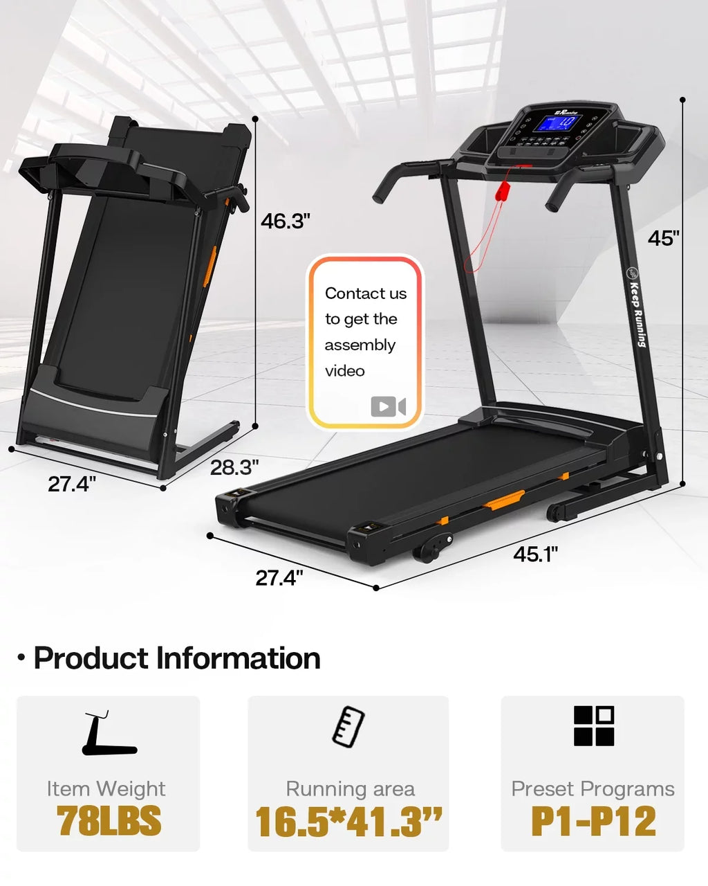 FYC Folding Treadmill for Home with Incline / Bluetooth, 3.5HP 330lb Weight Capacity Portable Electric Treadmill for Home Gym Exercise Running Walking Easy Assembly Orange