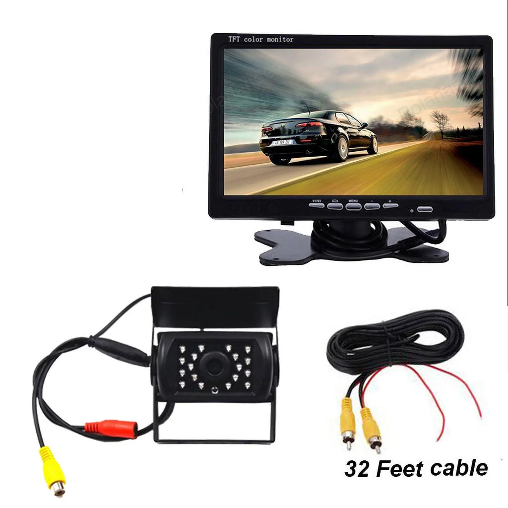 12V/24V parking system 7inch TFT LCD Car Monitor IR with 18 LED camera for Bus RV Car Van Truck reverse Night Vision+32 feet cable