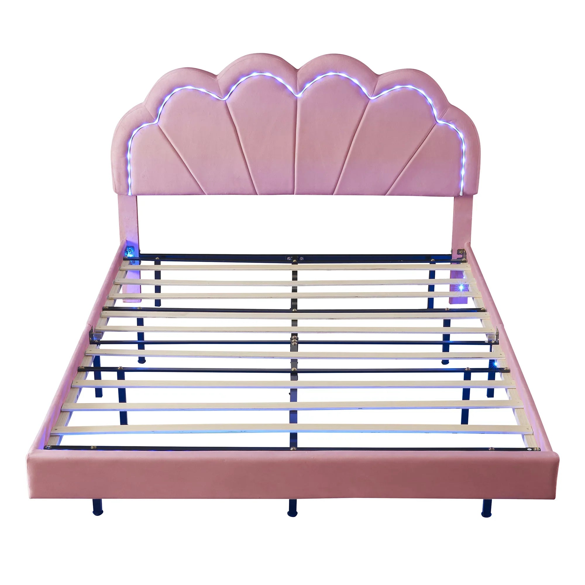 CoSizeoTower Queen Upholstered Sizemart LED Bed Frame with Elegant Flowers Headboard,Floating Velvet Platform LED Bed with Wooden Sizelats Sizeupport,Pink