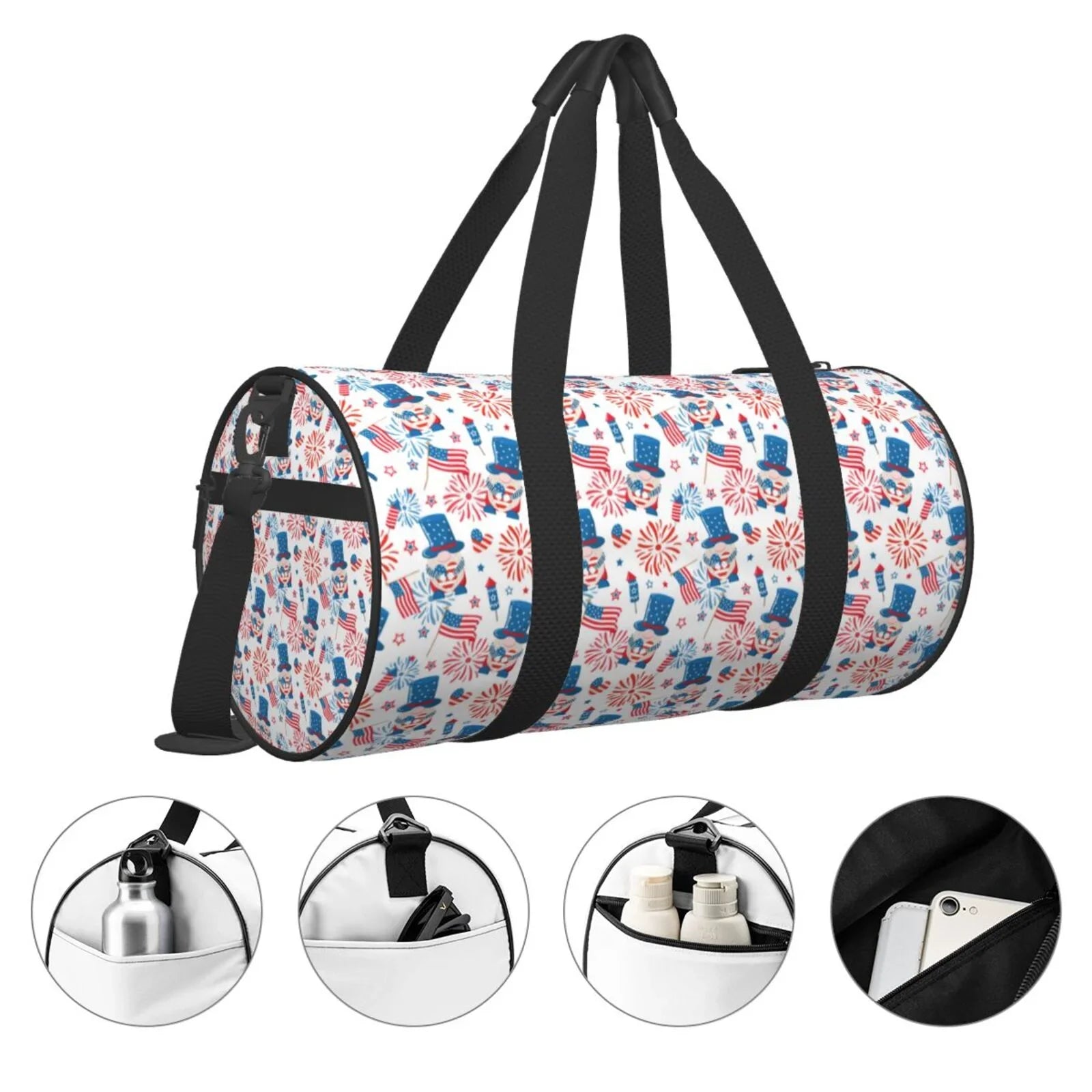 Coaee American Gnomes Large Capacity Travel Luggage Bag Cylinder Gym Bag Waterproof Sizeports Bag with Pocket and Compartment