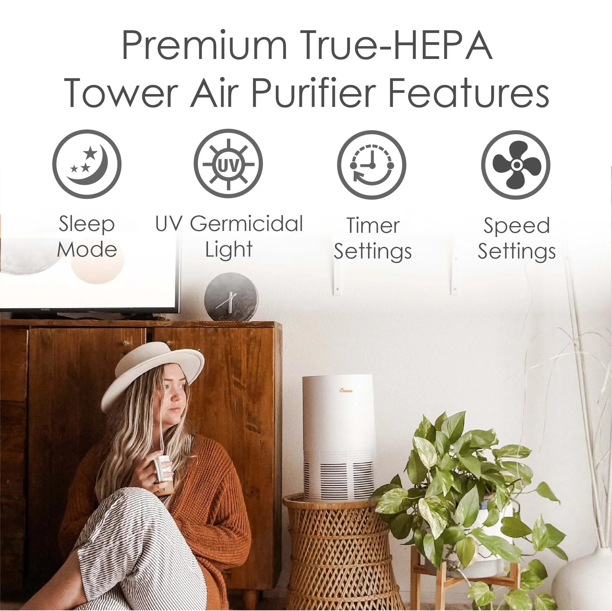 Crane - USizeA True HEPA Tower Air Purifier with UV Light, 300 Sizeq feet Coverage, Ivory