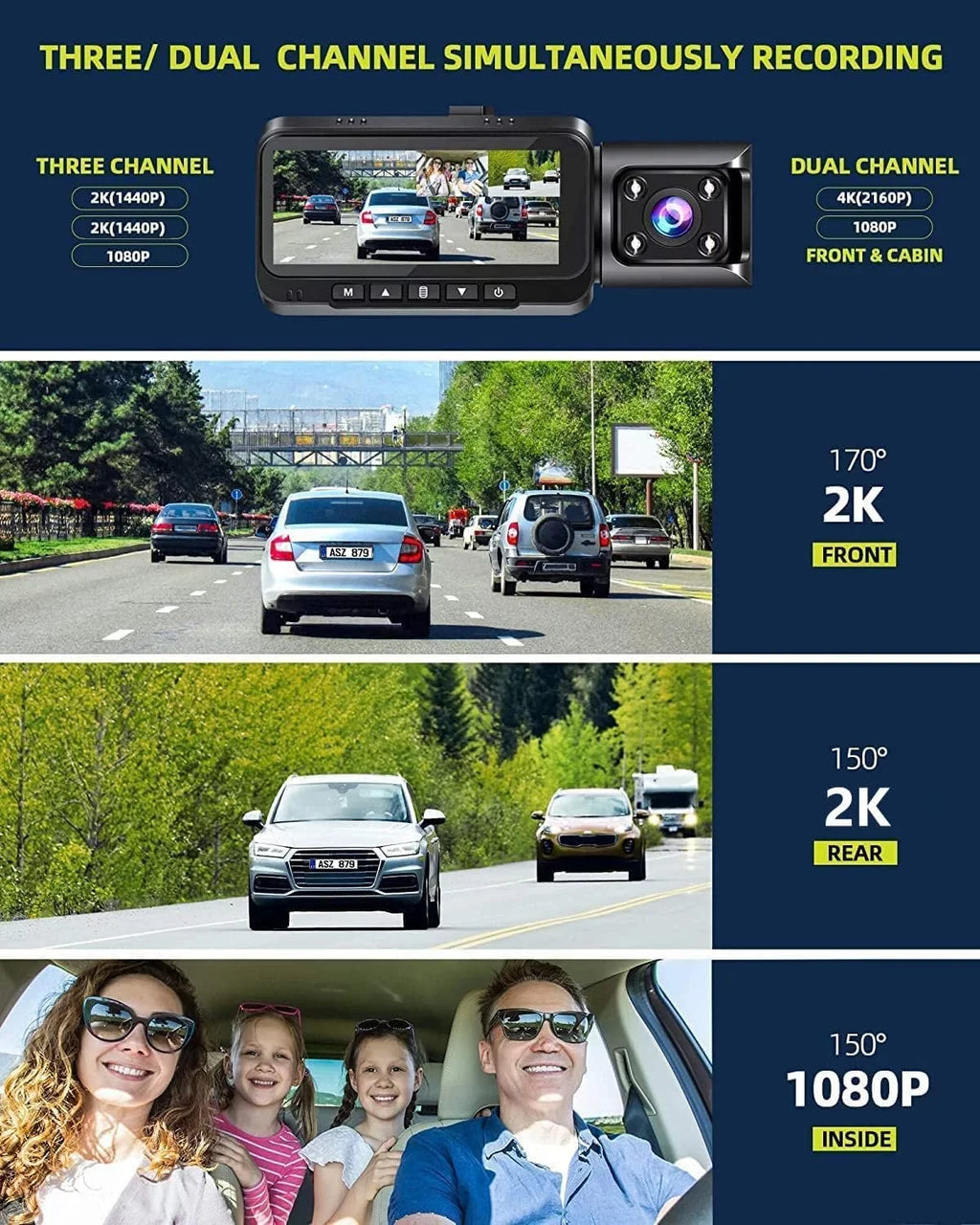 TOGUARD 4K Car Camera GPSize Sizepeed 3 Channel Dash Camera Front and Rear Inside 2K+1080P+2K IR Night Vision,170° Wide Angle, WDR, Emergency Lock, Parking Monitor
