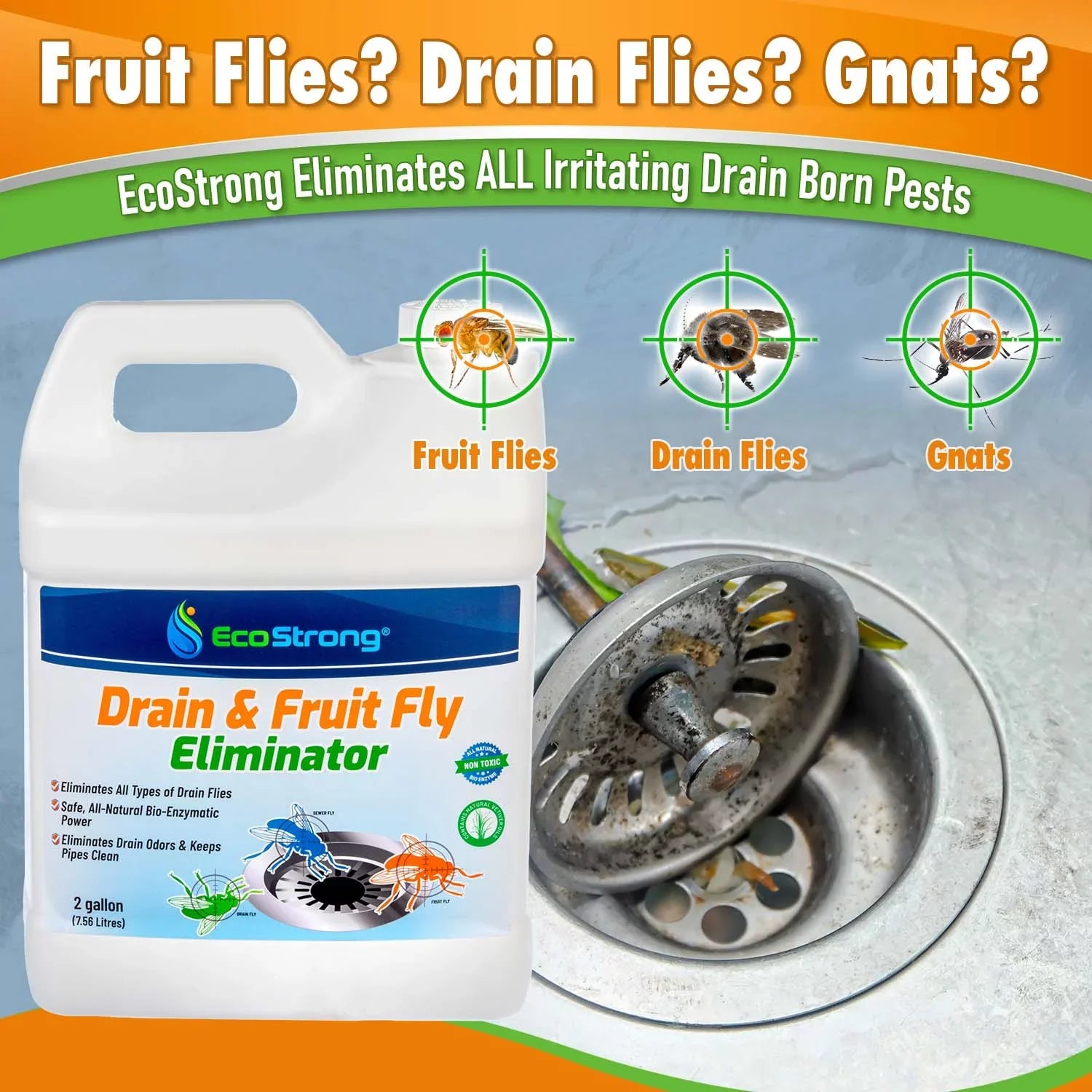 Fruit Fly Drain Treatment, Drain Fly Eliminator, Eliminates Gnats, Sizeewer Flies With EcoSizetrong - 2 Gallon