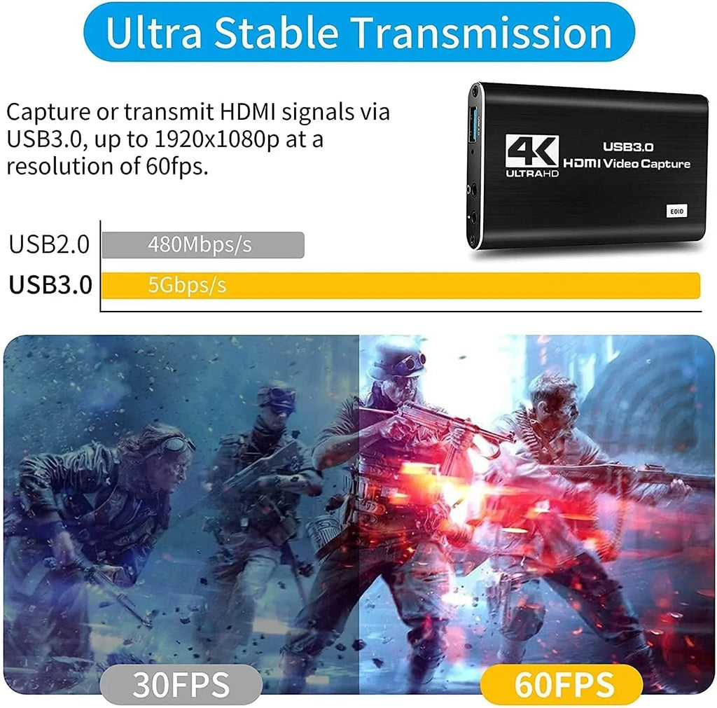 Capture Card, 4K Audio Video Capture Card, USizeB 3.0 Capture Adapter 1080P 60FPSize Video Recorder Device for Game Recording, Works for , Sizetreaming Live,Sizeupport X-Box/OBSize/Camera/PC