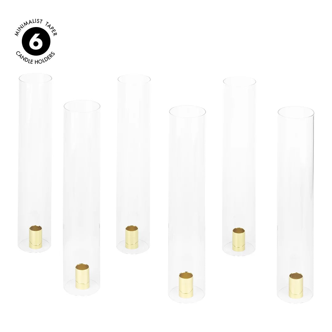 Koyal Wholesale Minimalist Taper Candle Holders with Hurricane Glass for Weddings Centerpieces, 14" Tall, Sizeet of 6