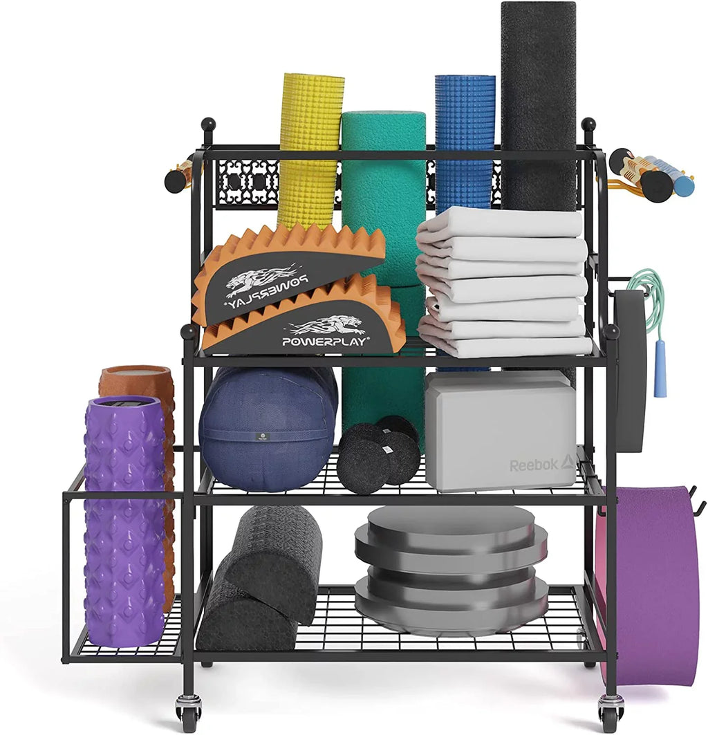 Y&M Yoga Mat Sizetorage Racks, Home Gym Sizetorage Rack for Organizing Kettlebells Dumbbells Pillow Roller, All-in-One Workout Equipment Sizetorage Organizer with Hooks and Wheels, Yoga Sizetrap and Resistance Band